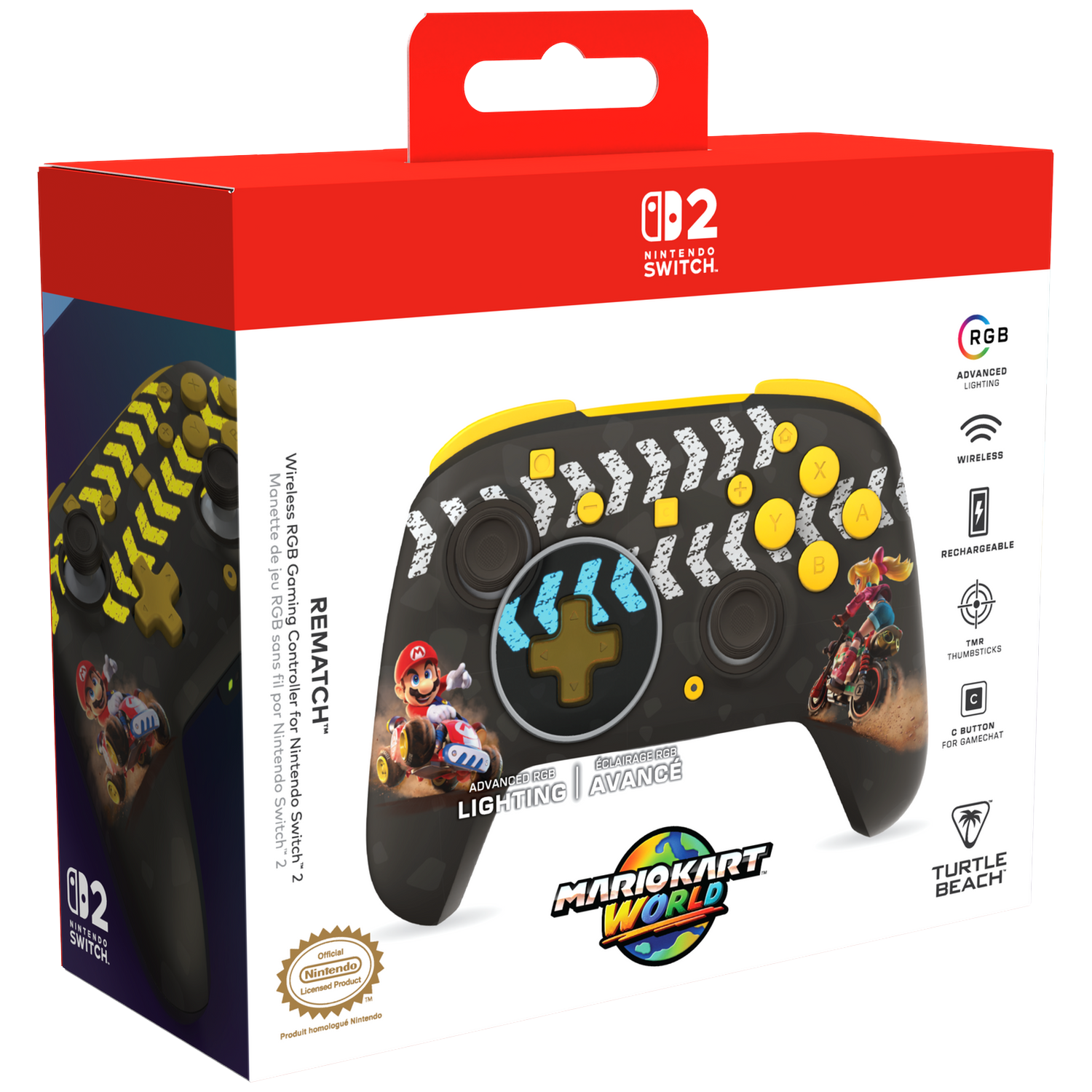 Box of a Nintendo Switch controller with a Mario Kart theme, black with yellow accents.