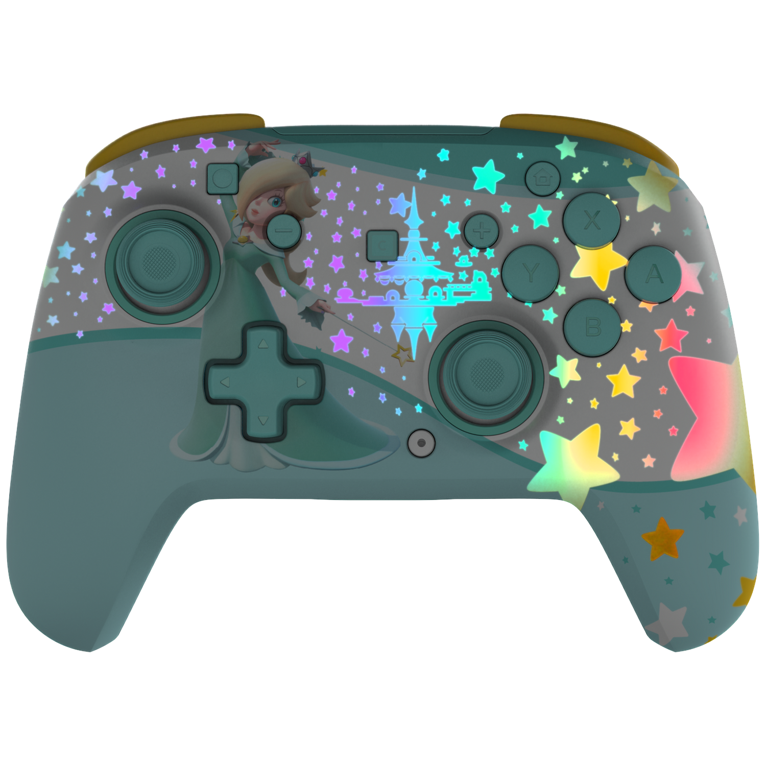 A controller featuring Rosalina and a starry pattern. Yellow accents at the top.