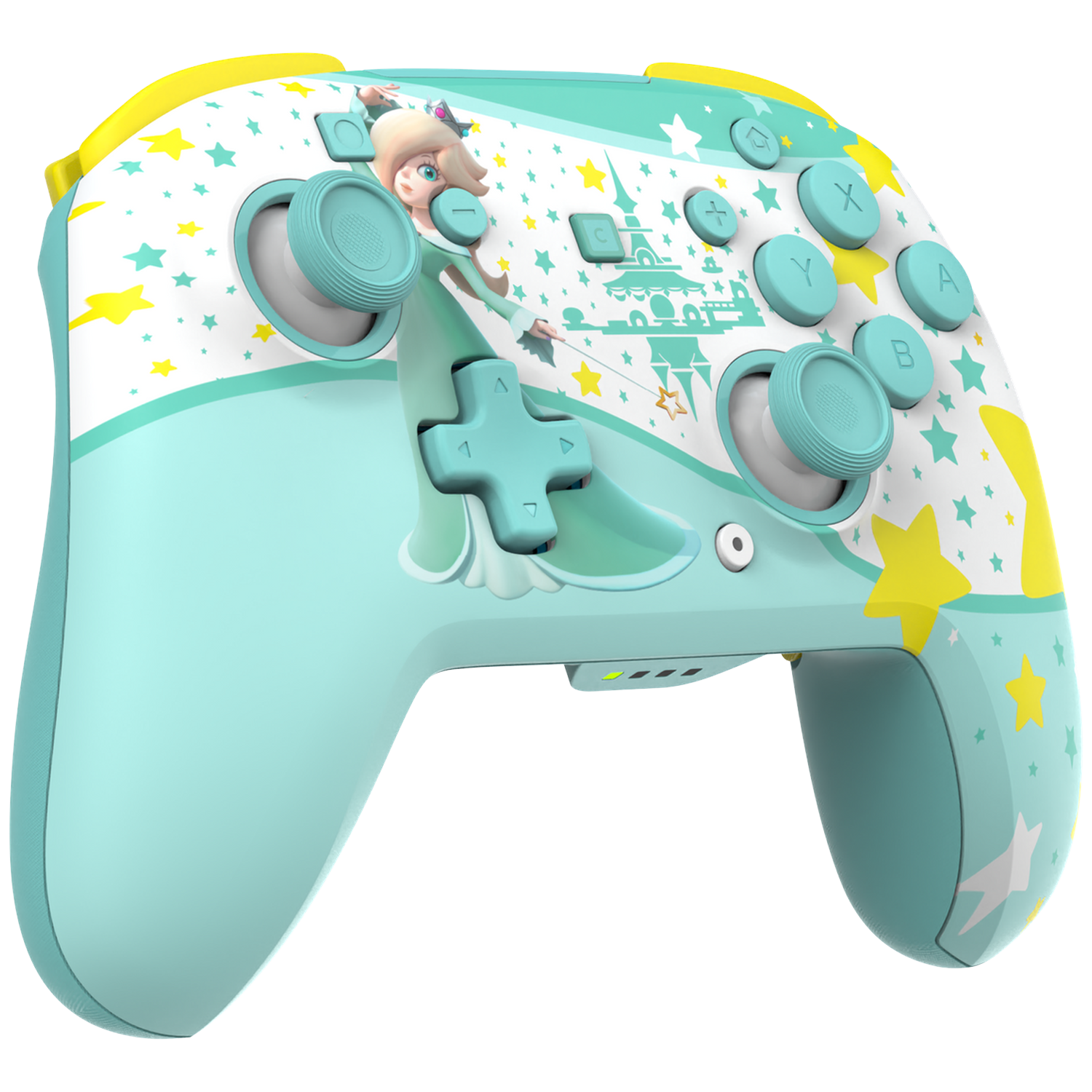 A teal controller decorated with Rosalina, stars, and a castle design.