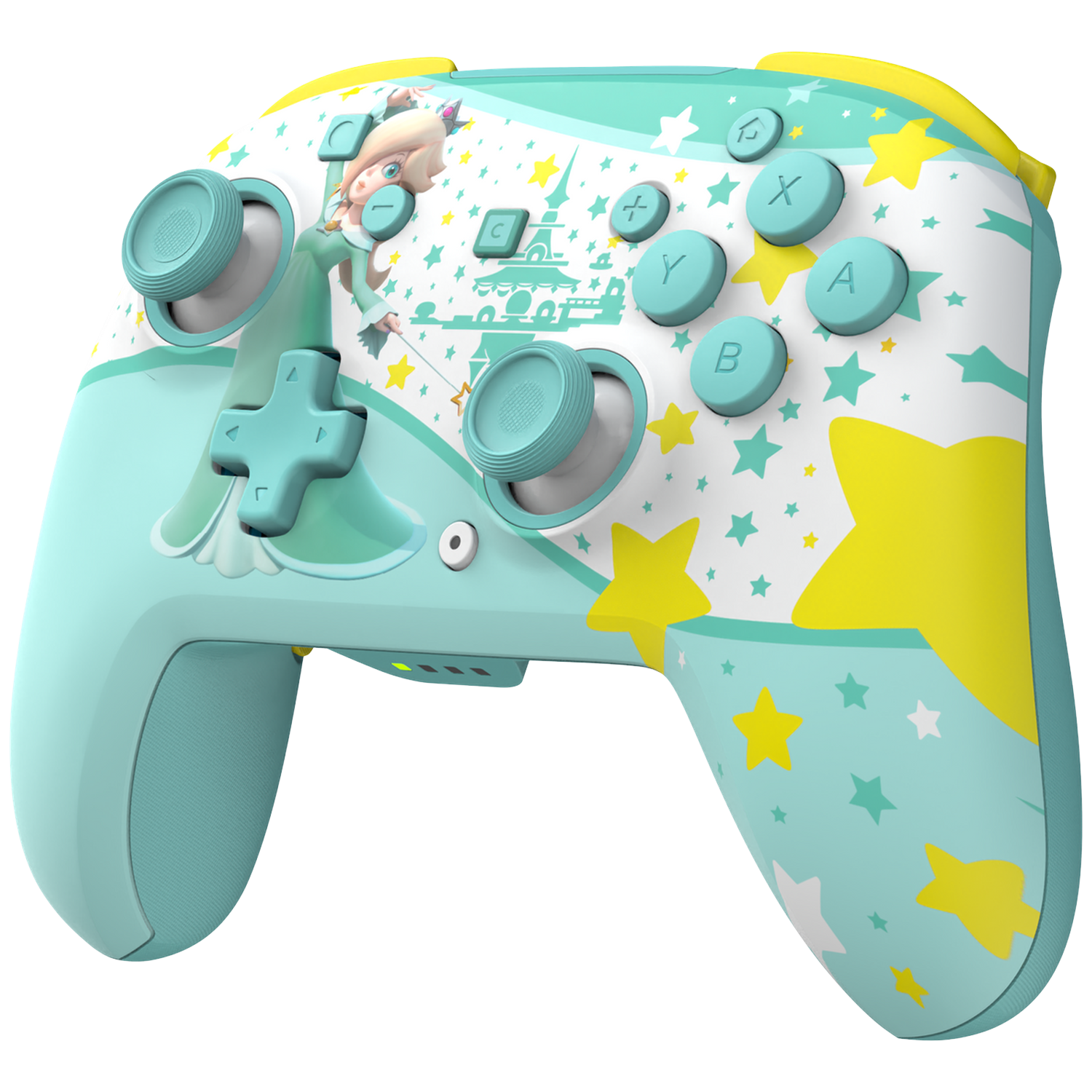 A mint green controller featuring Rosalina, stars and a castle.