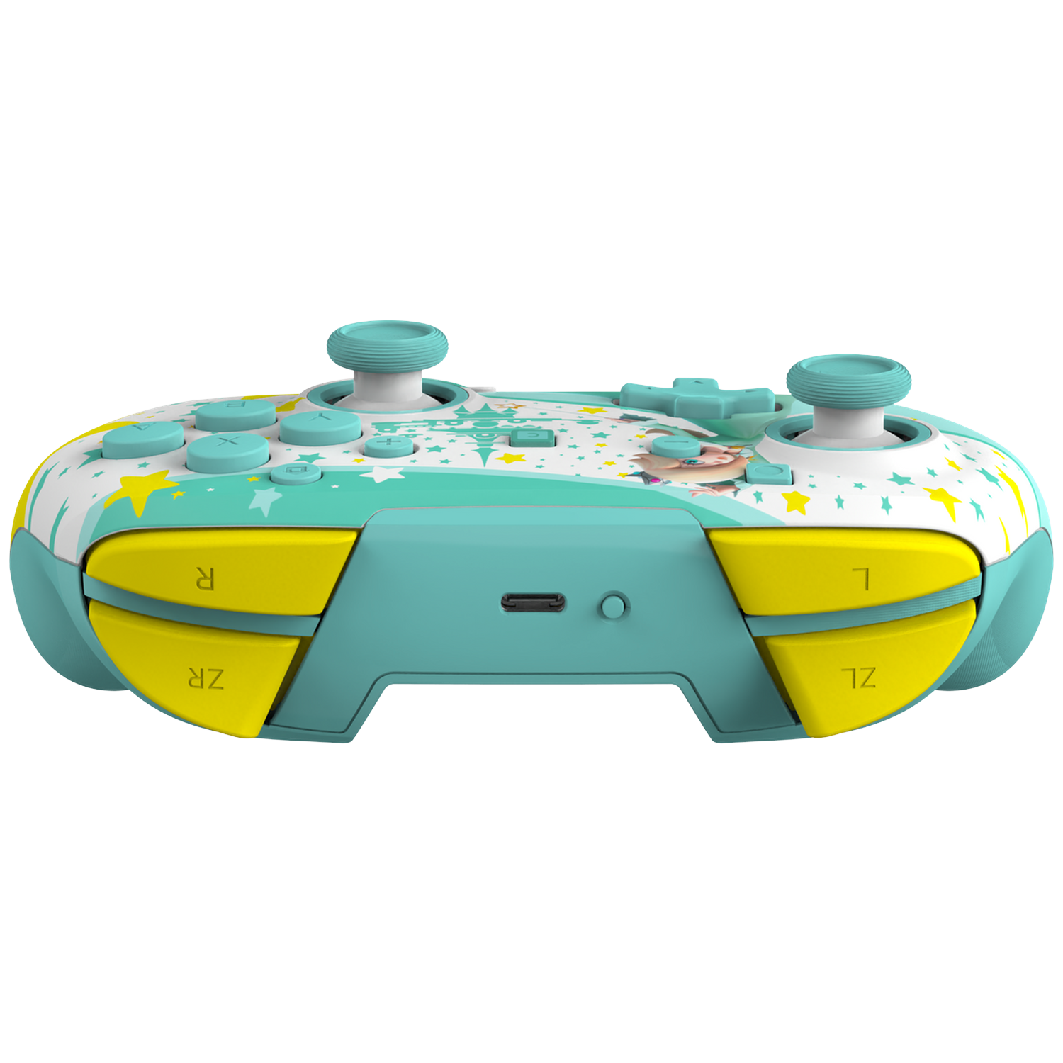 A turquoise controller with yellow buttons and a star pattern.