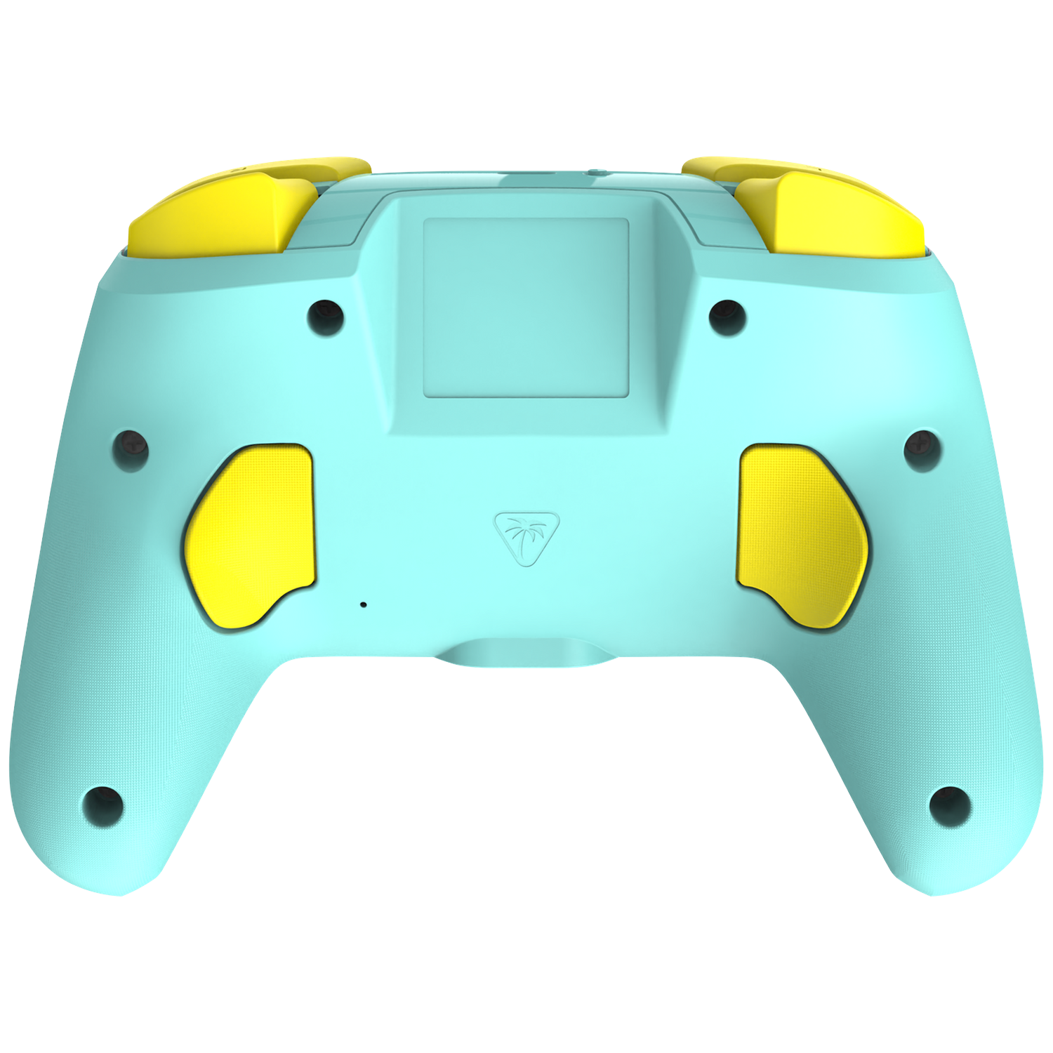 A teal controller back with yellow accents on a black background.
