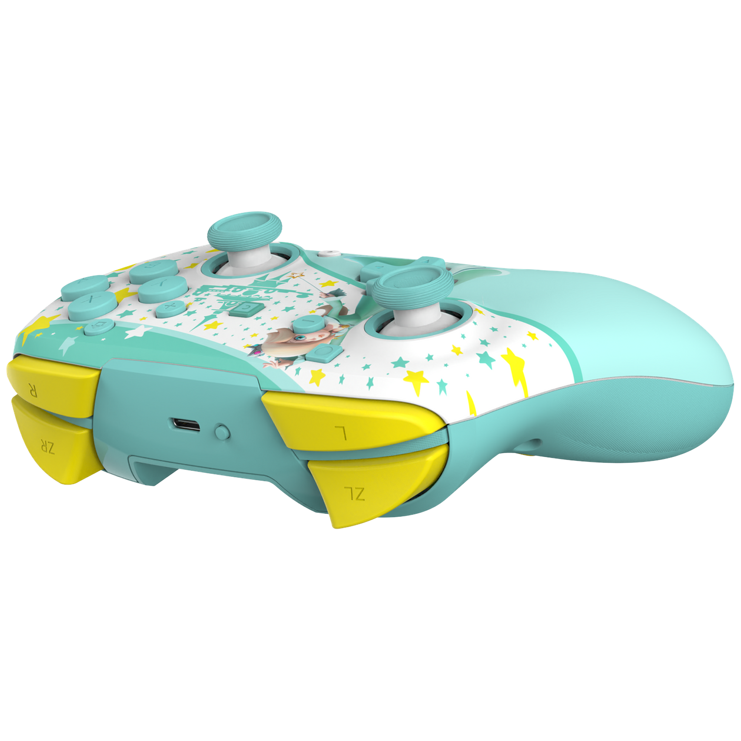 A teal and white video game controller with yellow buttons and star accents.