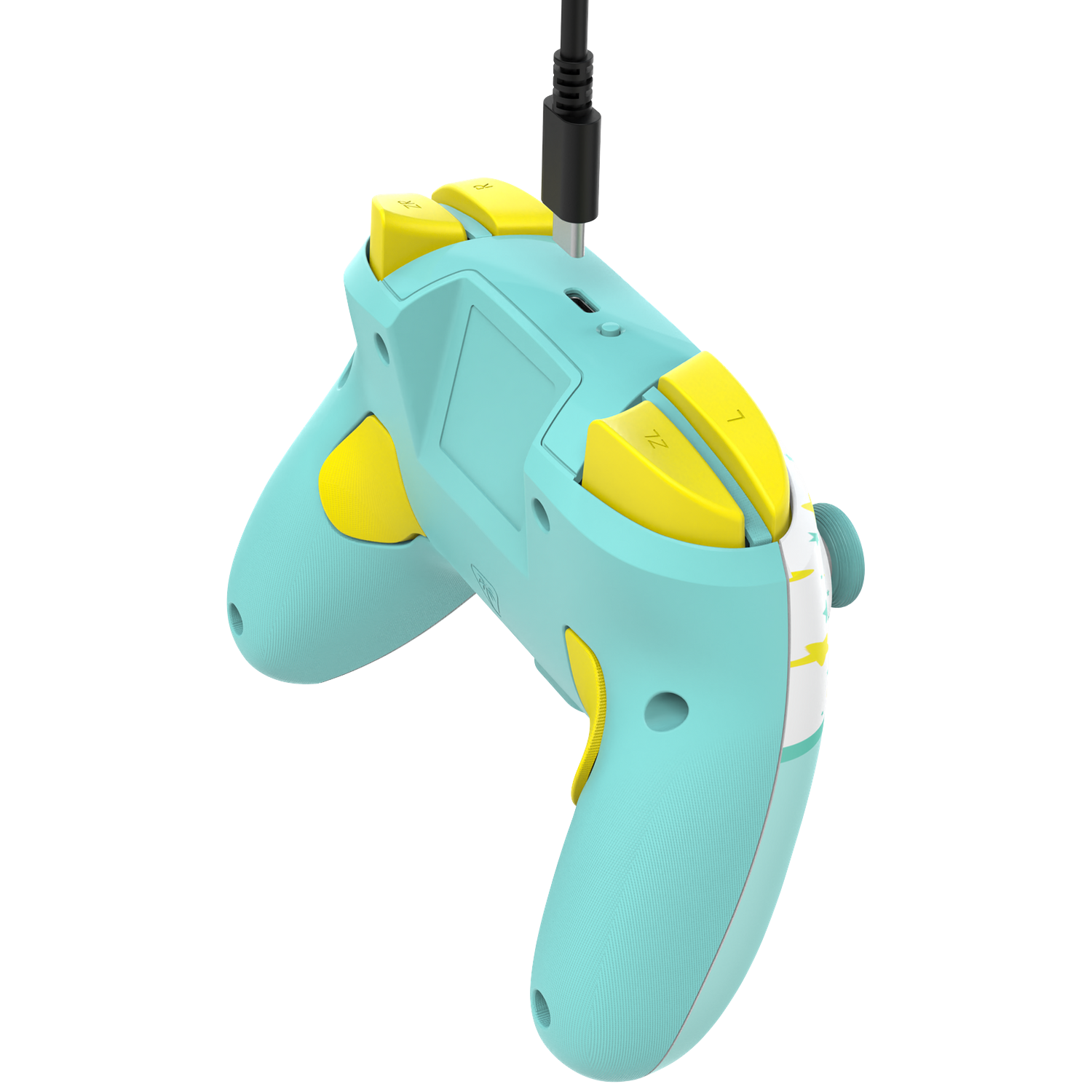 A teal controller with yellow buttons and a black cable plugged in.