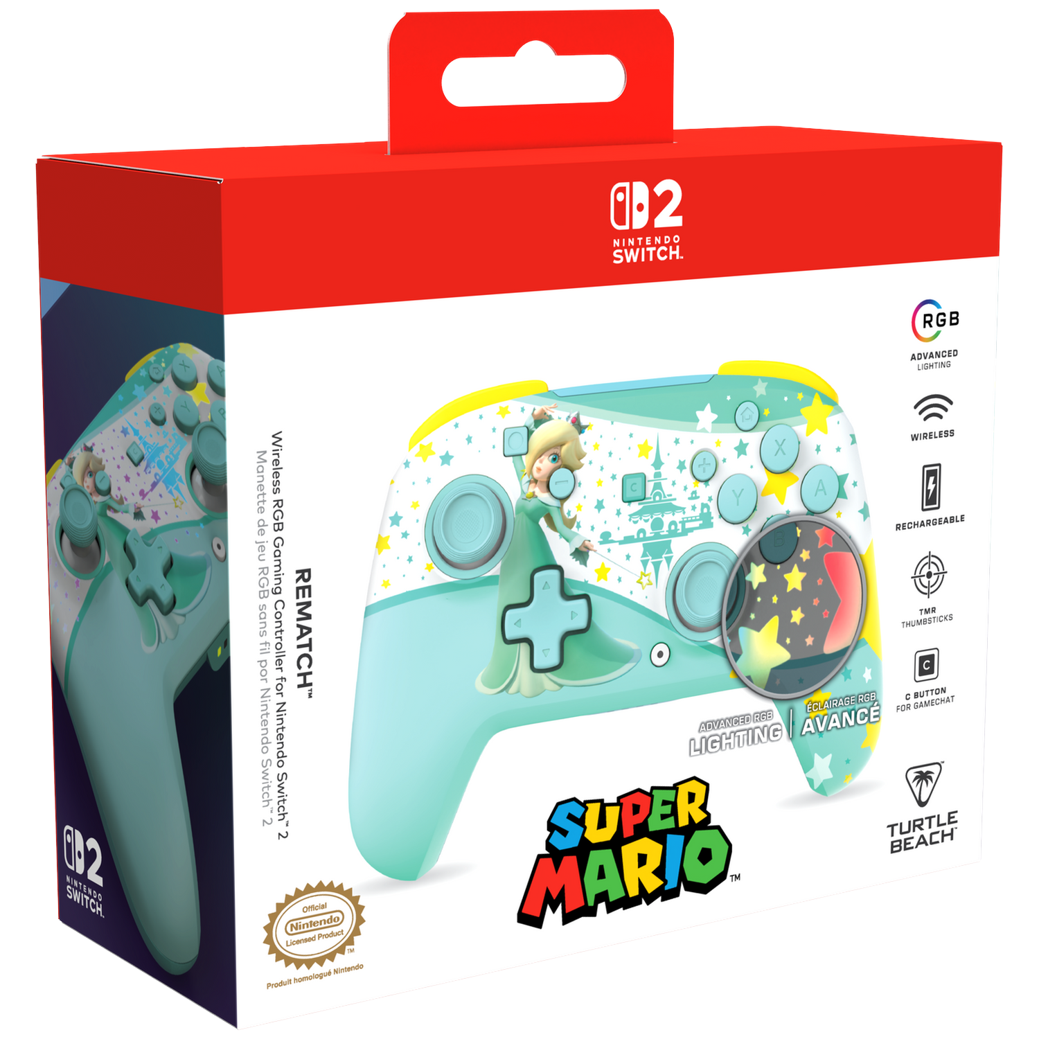 Nintendo Switch controller box with Super Mario theme, featuring Rosalina and RGB lighting.