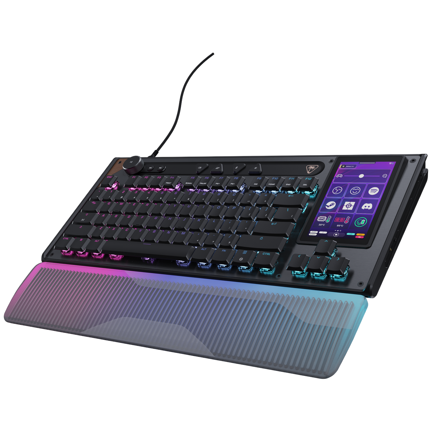 A gaming keyboard with RGB lighting, a numpad, and a touchscreen display.
