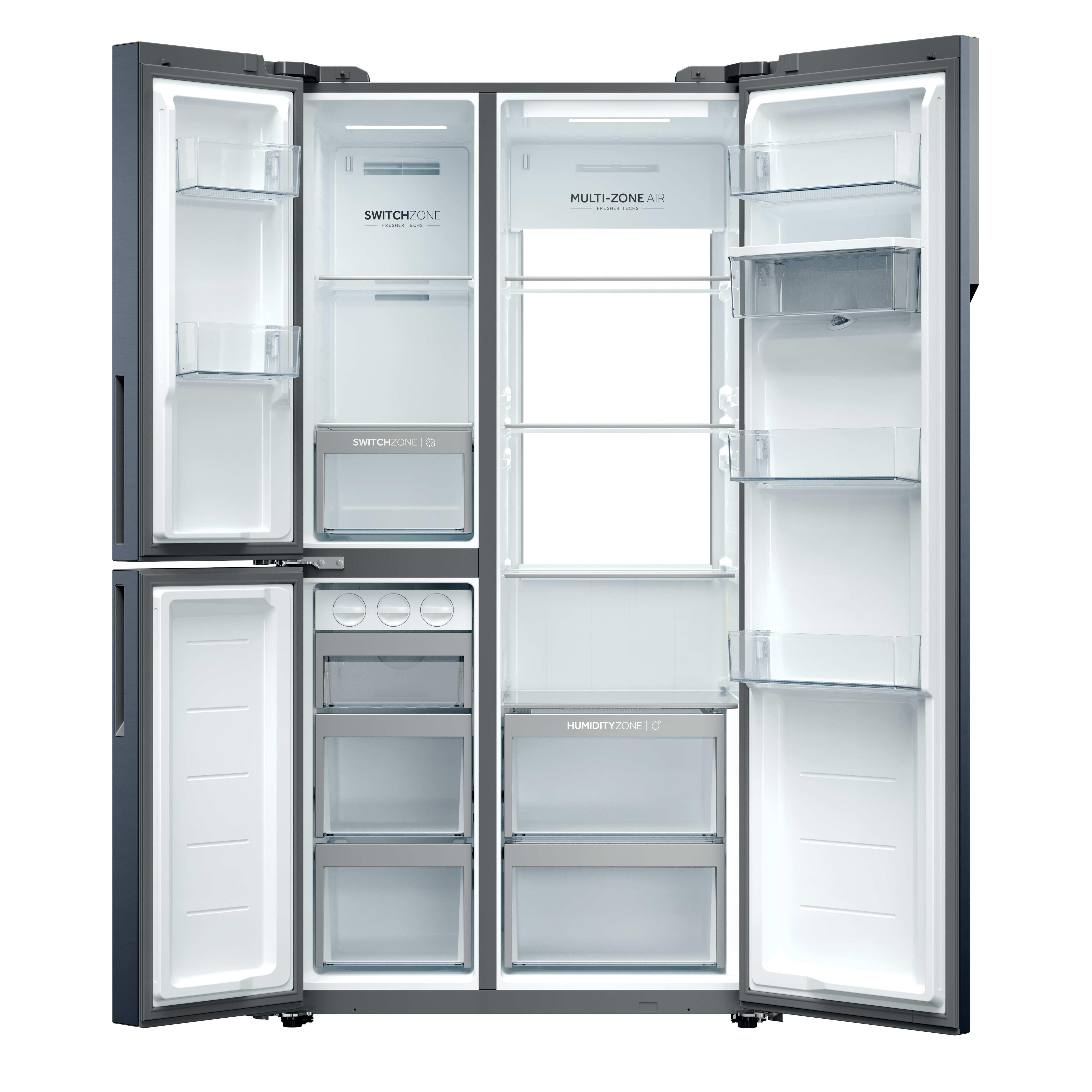 Geöffneter dunkelgrauer Side-by-Side-Kühlschrank mit mehreren durchsichtigen Schubladen und Regalen.