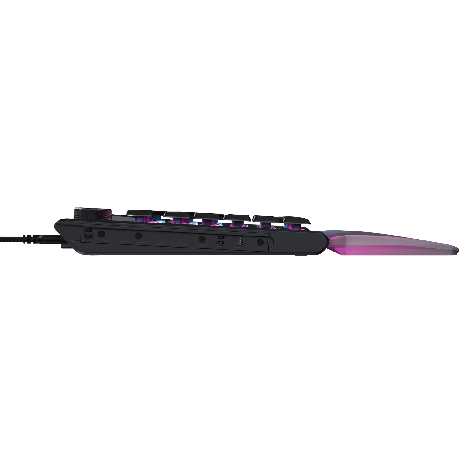 Black keyboard with RGB lighting, side view with cable.
