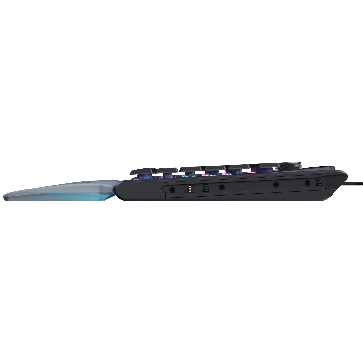 Black keyboard with RGB illuminated keys and a translucent wrist rest.