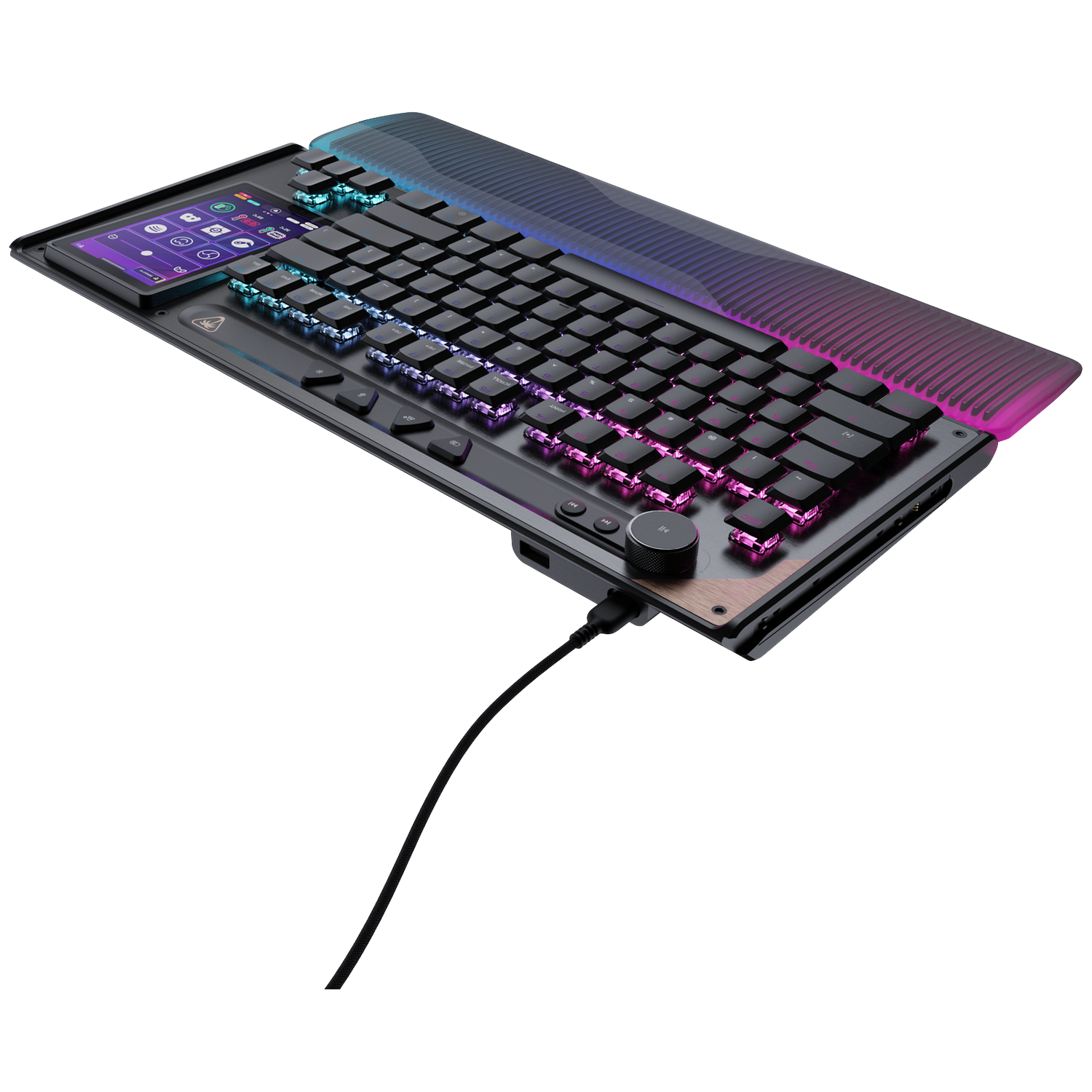 A black keyboard with RGB lighting and a small screen on the side.