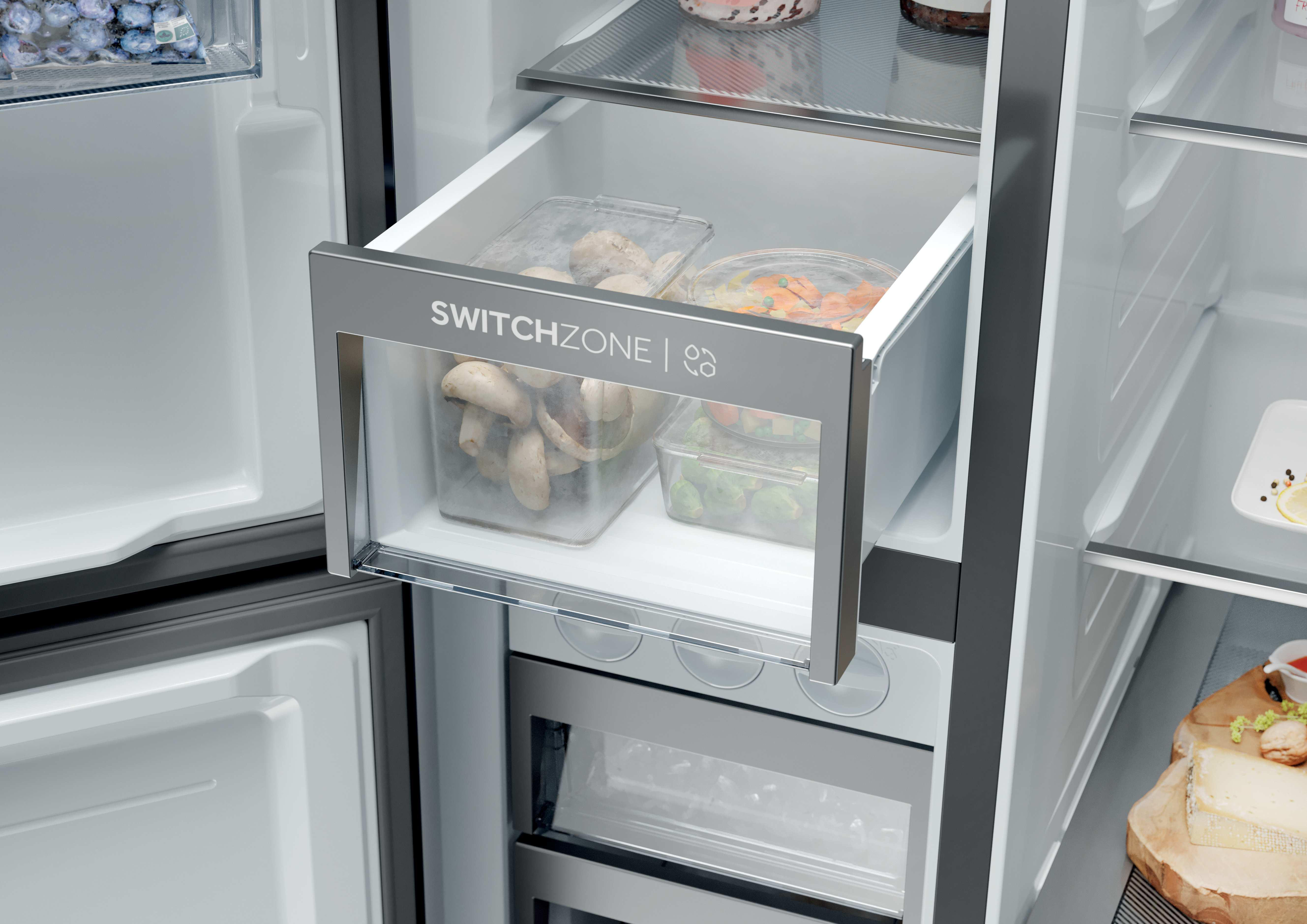 Kühlschrankregal mit Pilzen, Gemüse und Beeren. Beschriftet mit SWITCHZONE.