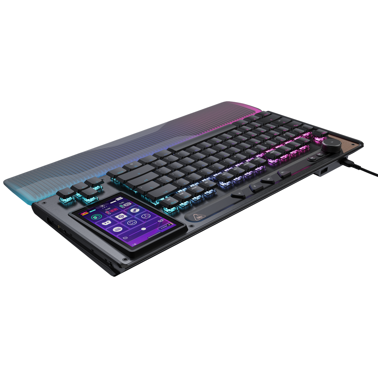 A gaming keyboard with RGB lighting and a small touchscreen display.