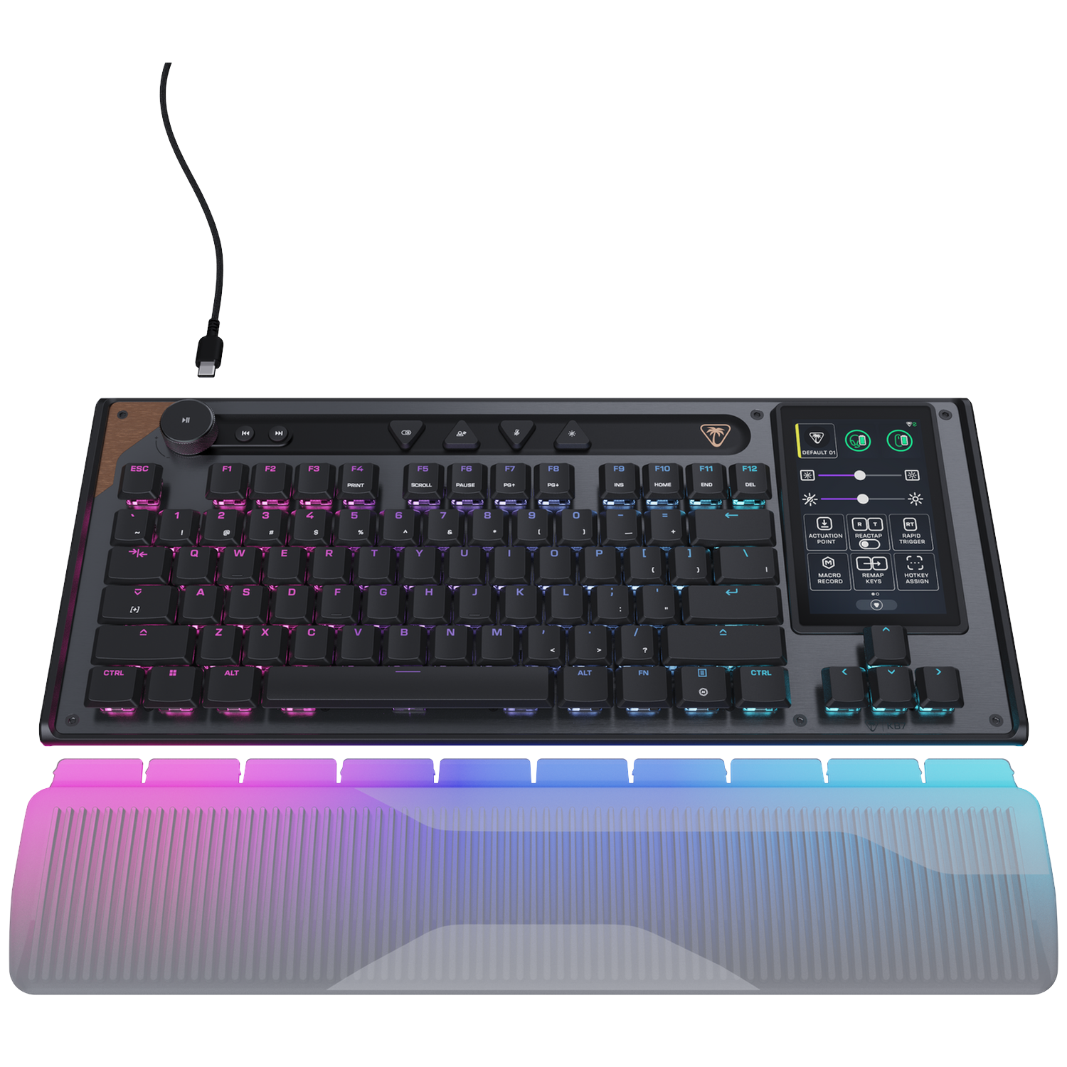 A black keyboard with a USB cable and a detachable wrist rest in rainbow colors.