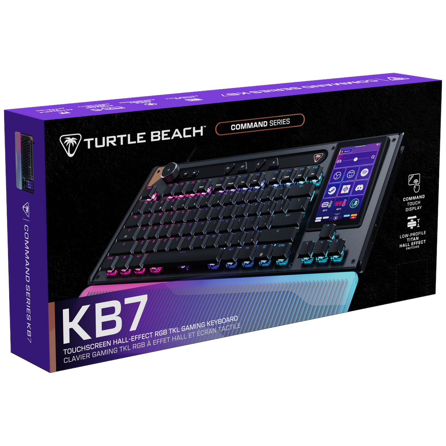 Turtle Beach Command Series KB7 keyboard with touch display and RGB lighting.