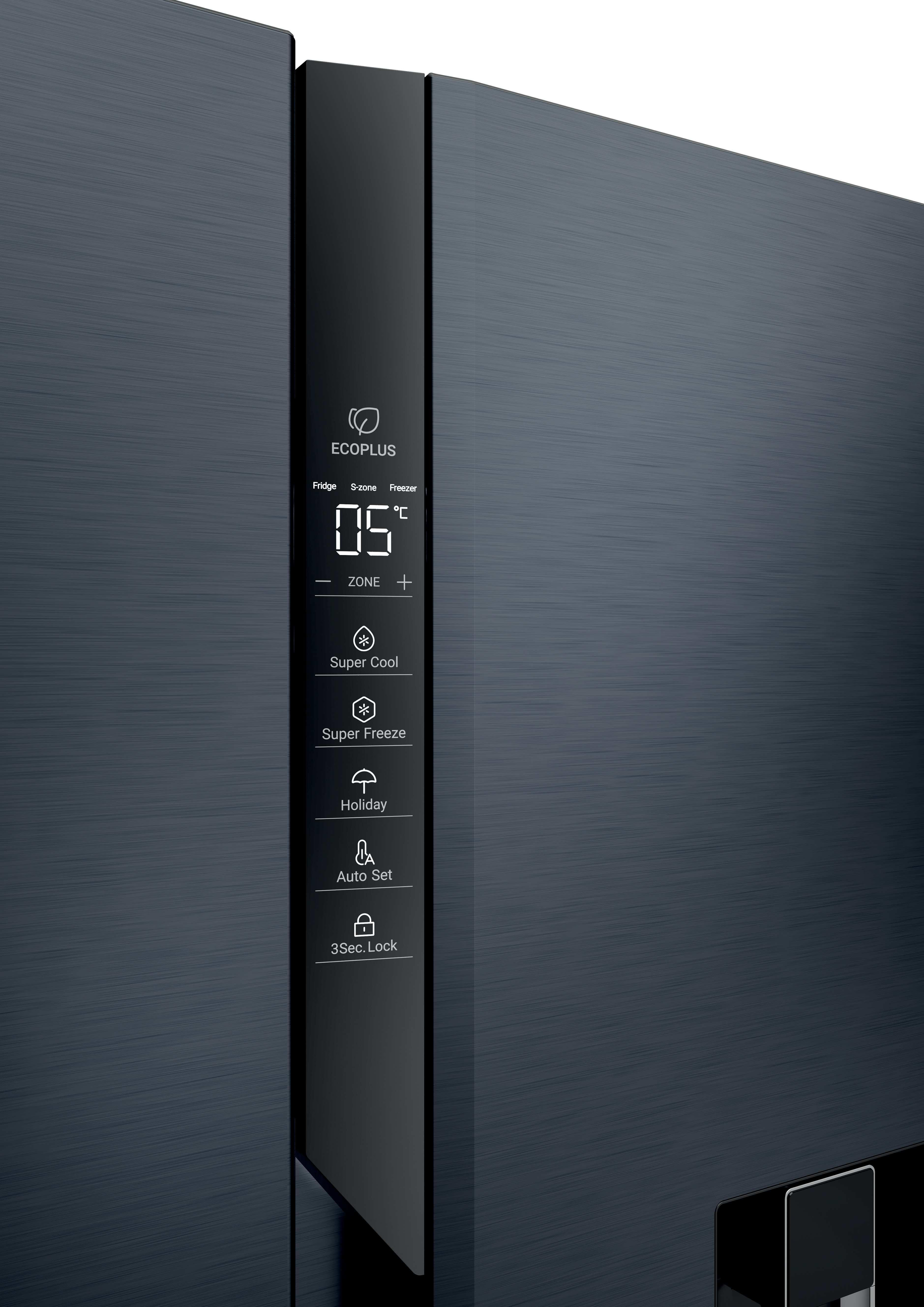 Dunkelgrauer Kühlschrank mit digitalem Touchscreen-Display für Temperatur und Funktionen.