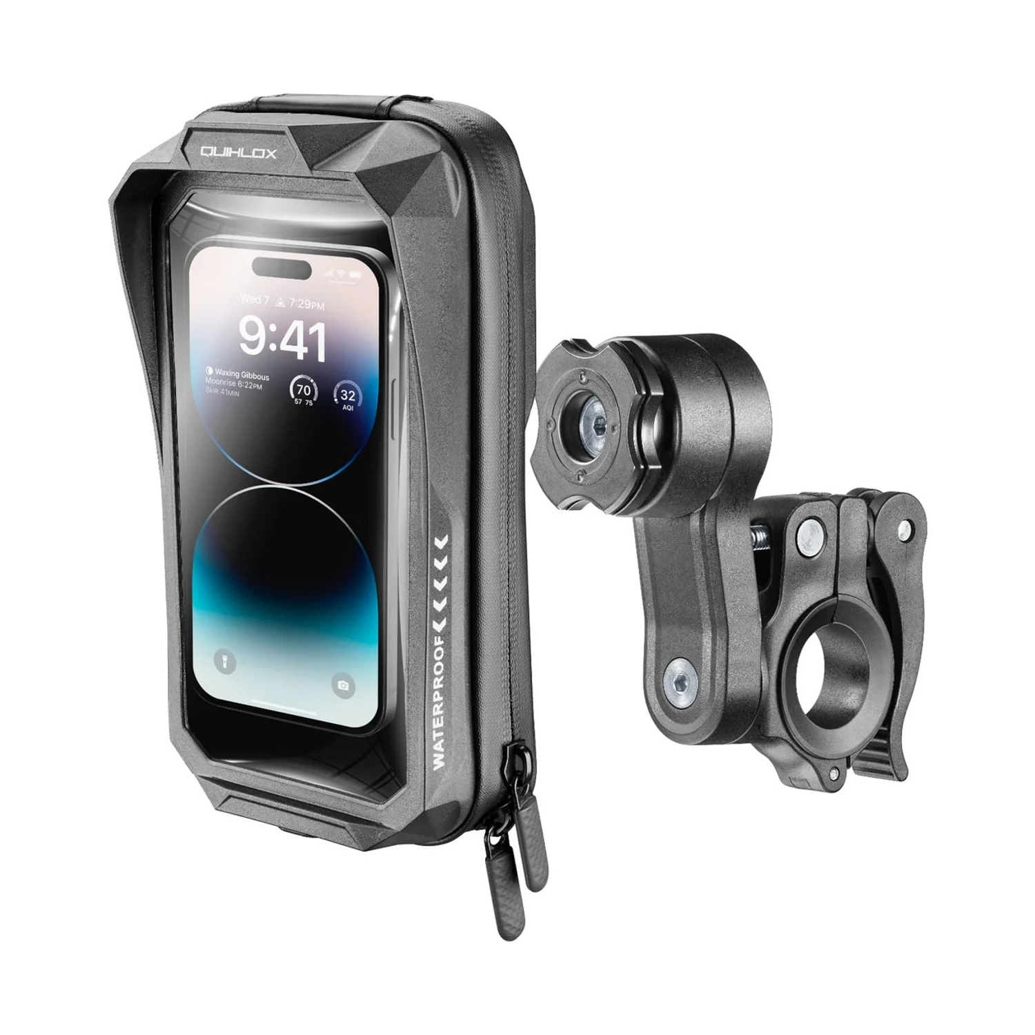 Porta telefono impermeabile grigio con supporto manubrio bicicletta e zip aperta.