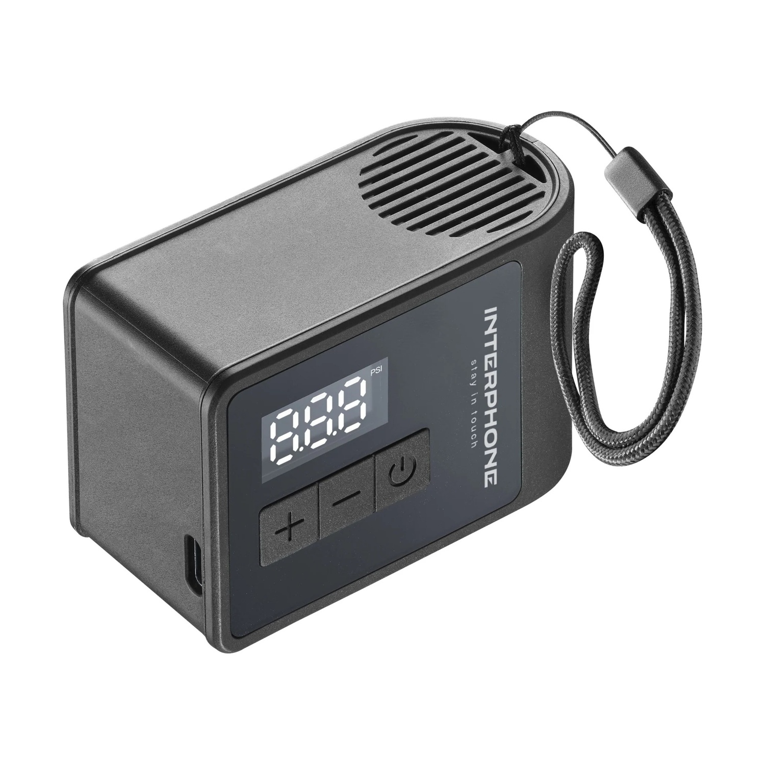 Gonfiatore digitale per pneumatici nero con cordino e display.