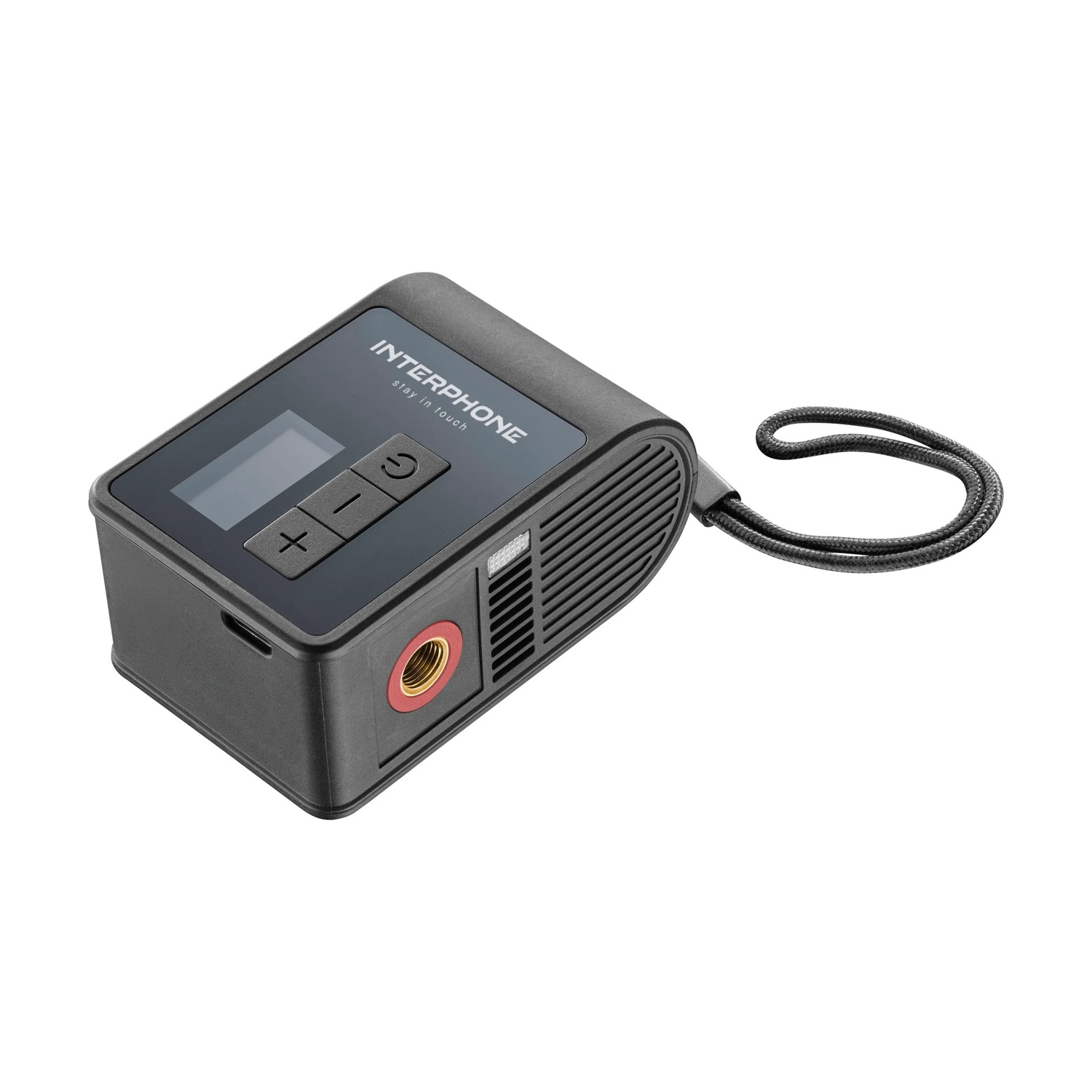 Dispositivo intercom nero con display, pulsanti e cordino su sfondo bianco.
