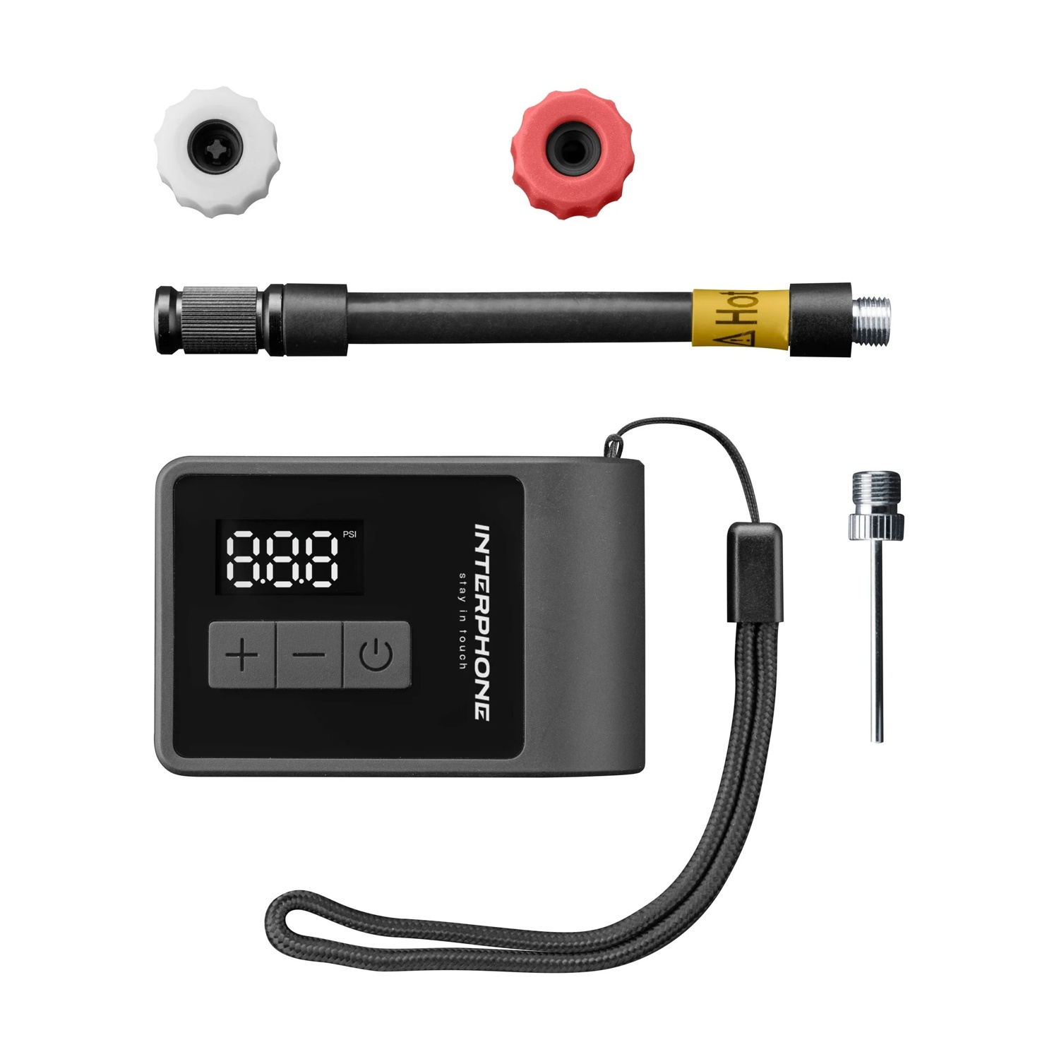 Gonfiatore digitale per pneumatici con tubo, adattatori e display digitale. Manopole bianche e rosse.
