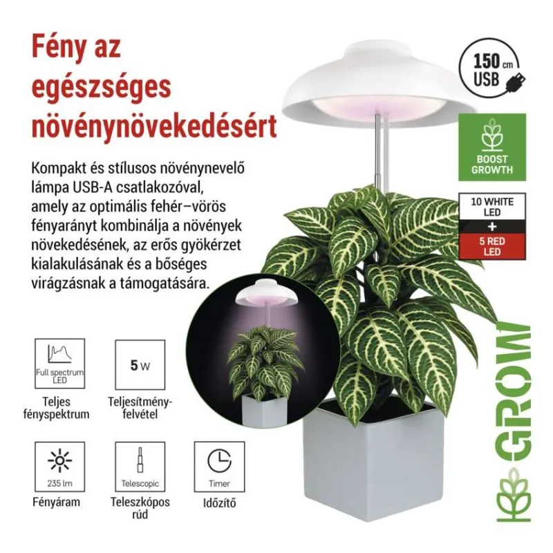 Növényi lámpa fehér cseréppel, fehér lámpaernyővel, levelekkel.