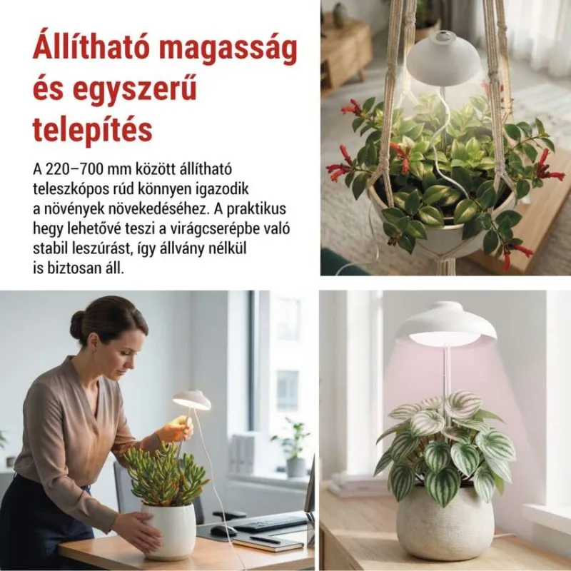 Állítható növényi lámpa, amely a cserepekbe helyezhető.