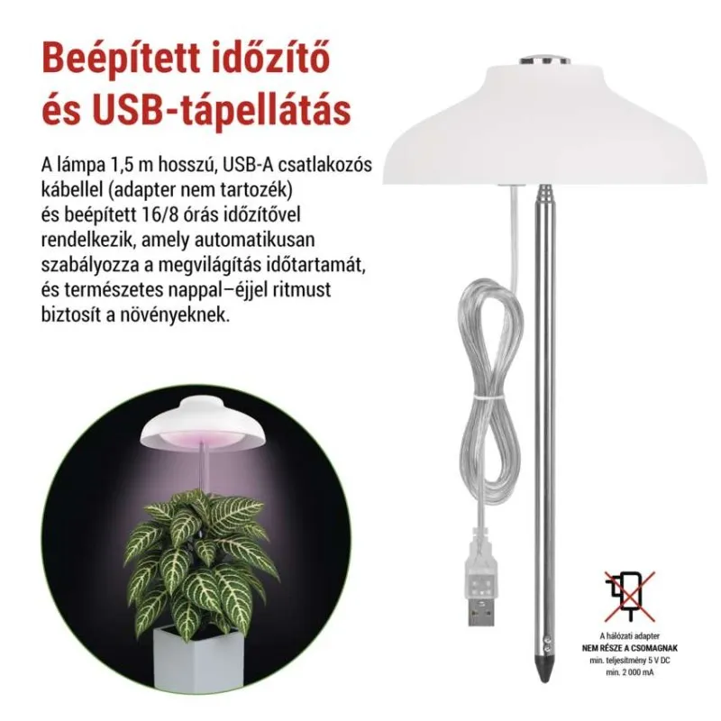 Fehér lámpa USB-kábellel és beépített időzítővel növényekhez.