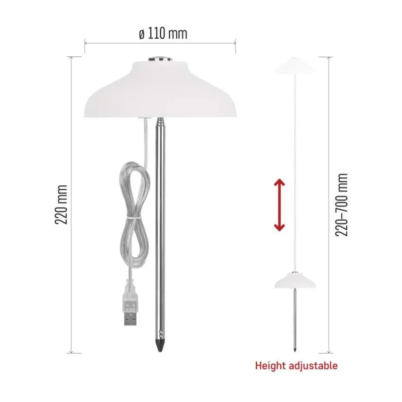 Fehér lámpa fém rúddal, USB kábellel, mérete 110mm széles, 220mm magas, állítható.