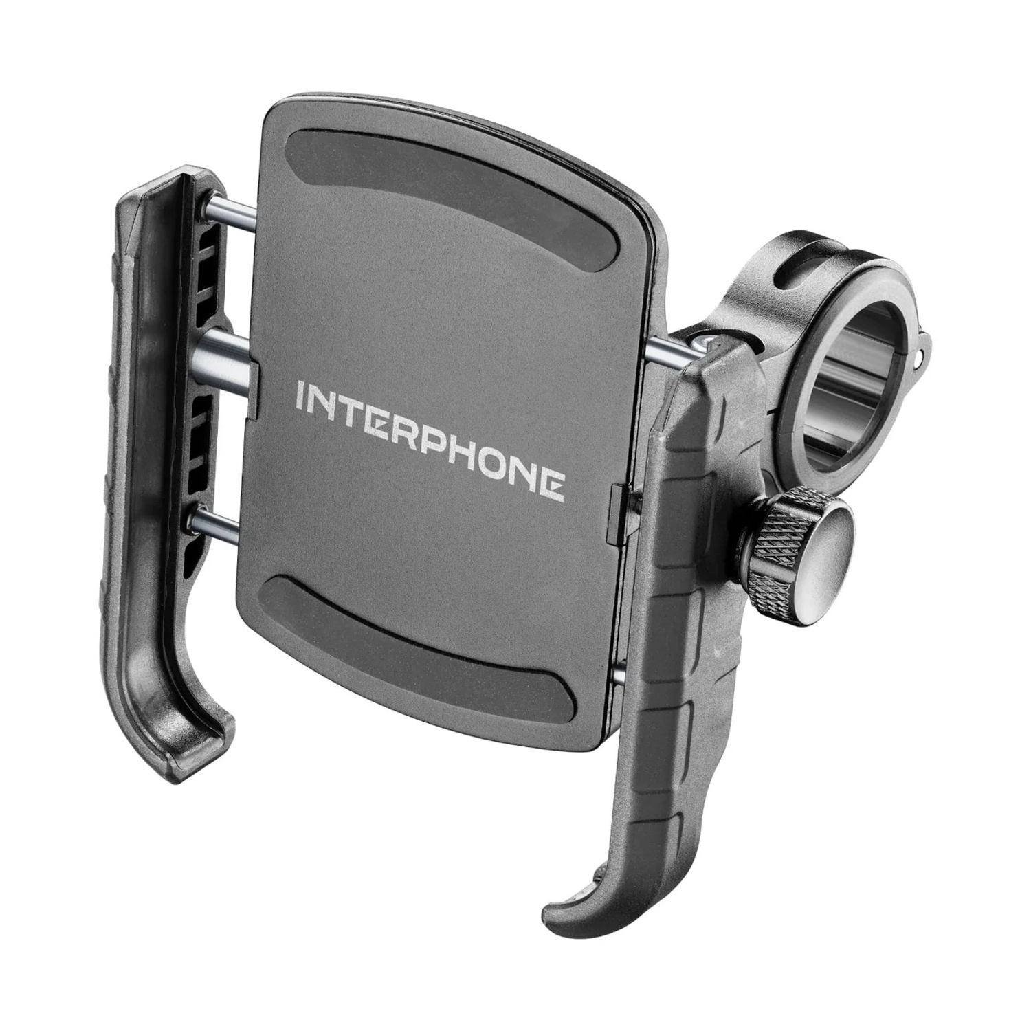 Supporto manubrio grigio per smartphone con marchio INTERPHONE.