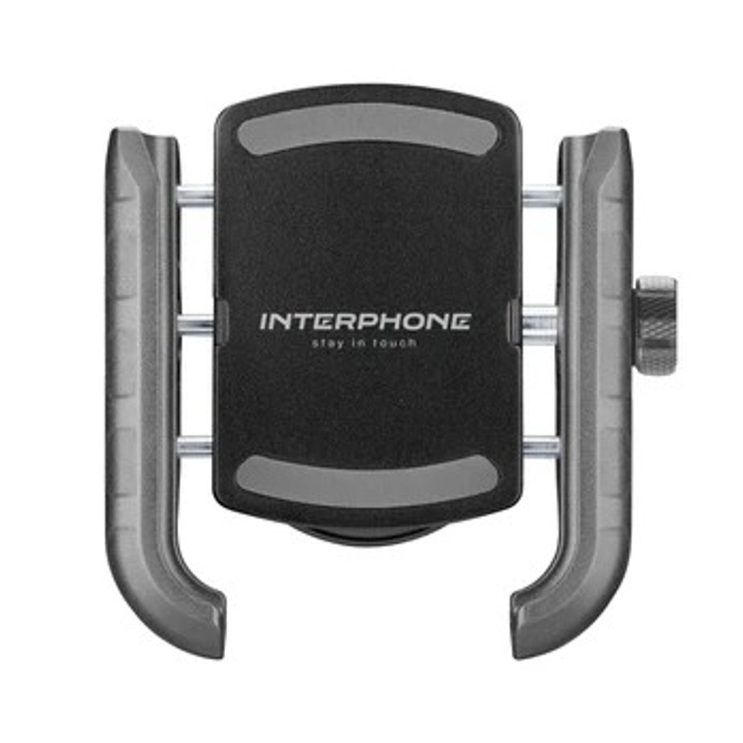 Supporto nero per telefono con accenti grigi e logo 'INTERPHONE'.