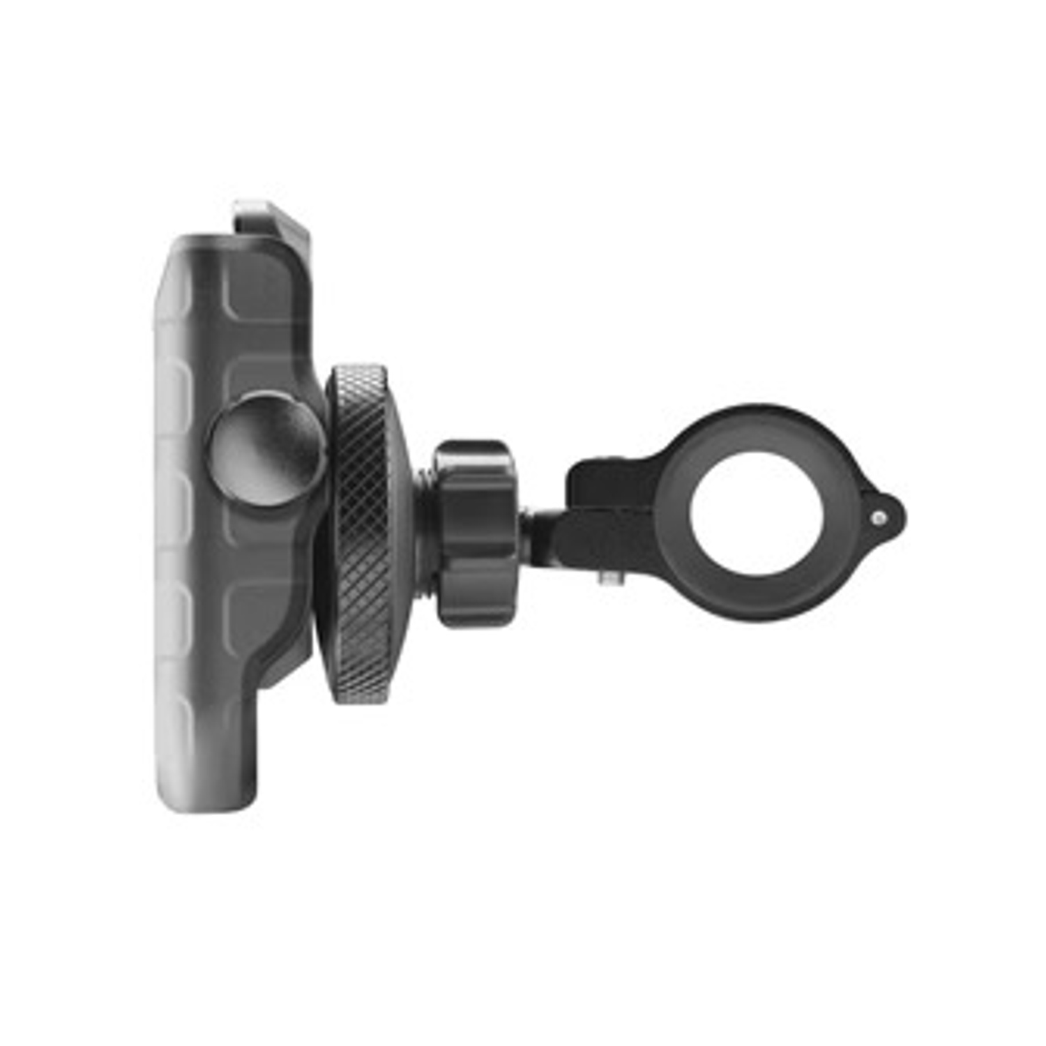Supporto grigio con anello nero girevole e meccanismo di blocco.
