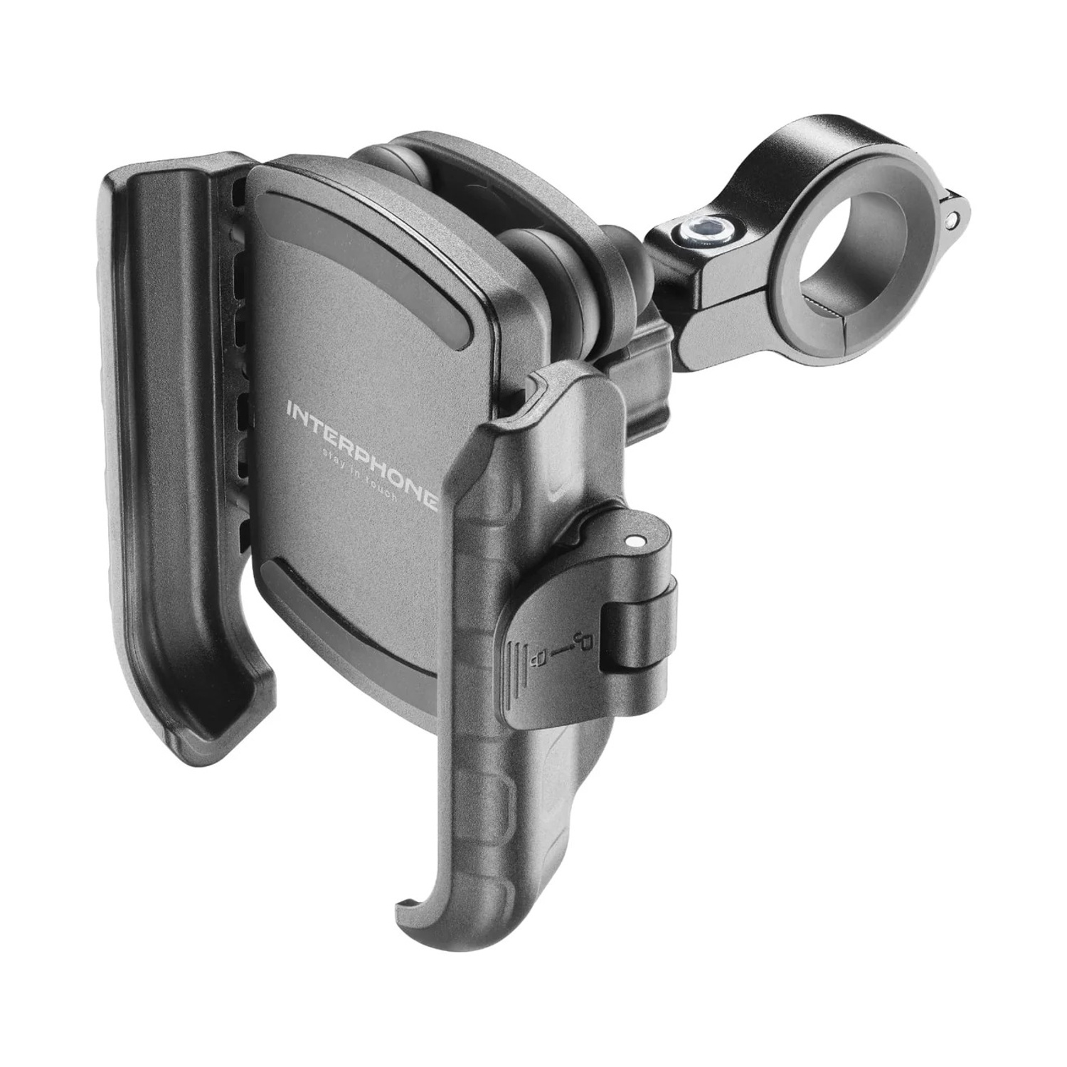 Supporto grigio per telefono da moto con morsetto e blocco.