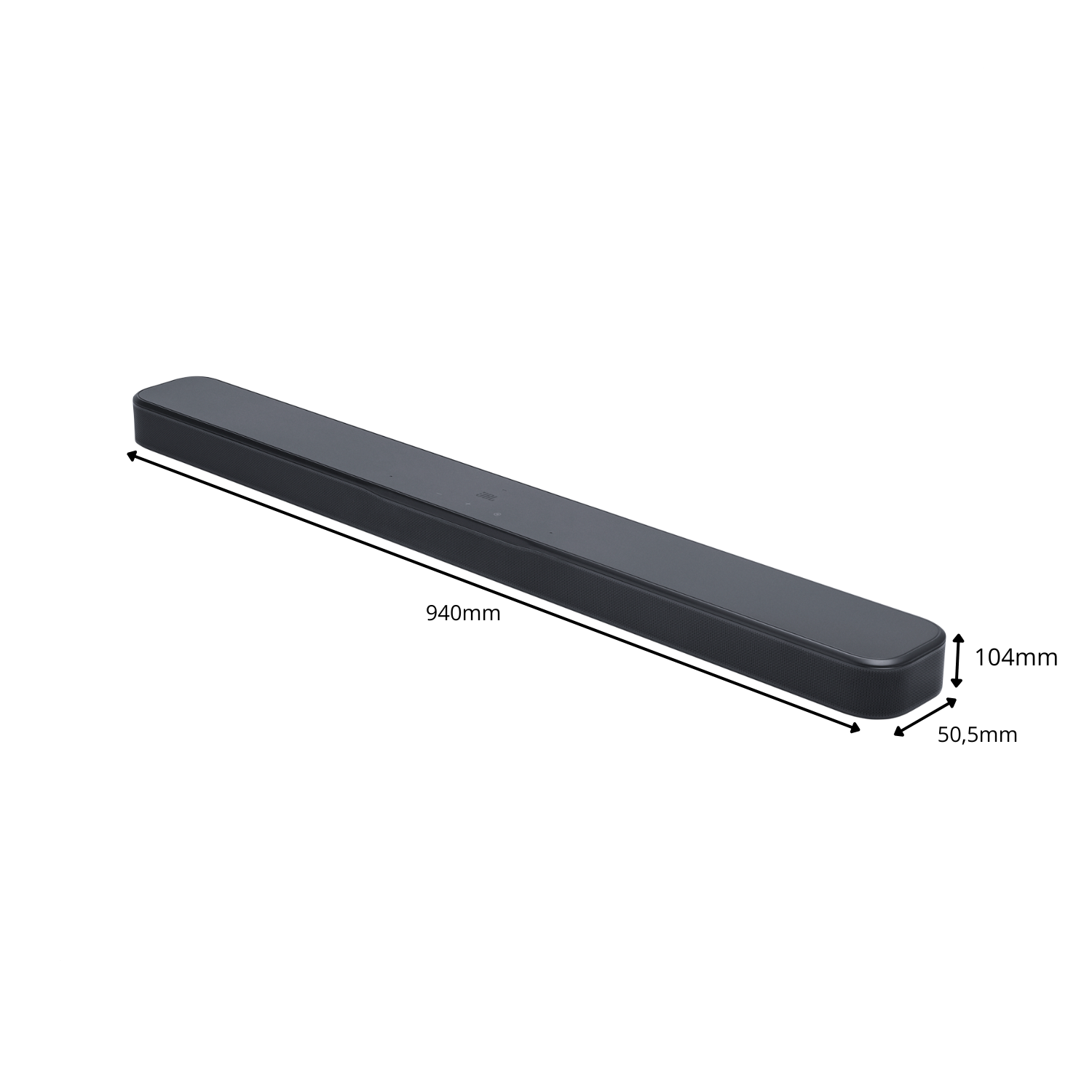 Barra de sonido negra con dimensiones: 940mm L, 104mm A, 50,5mm P.