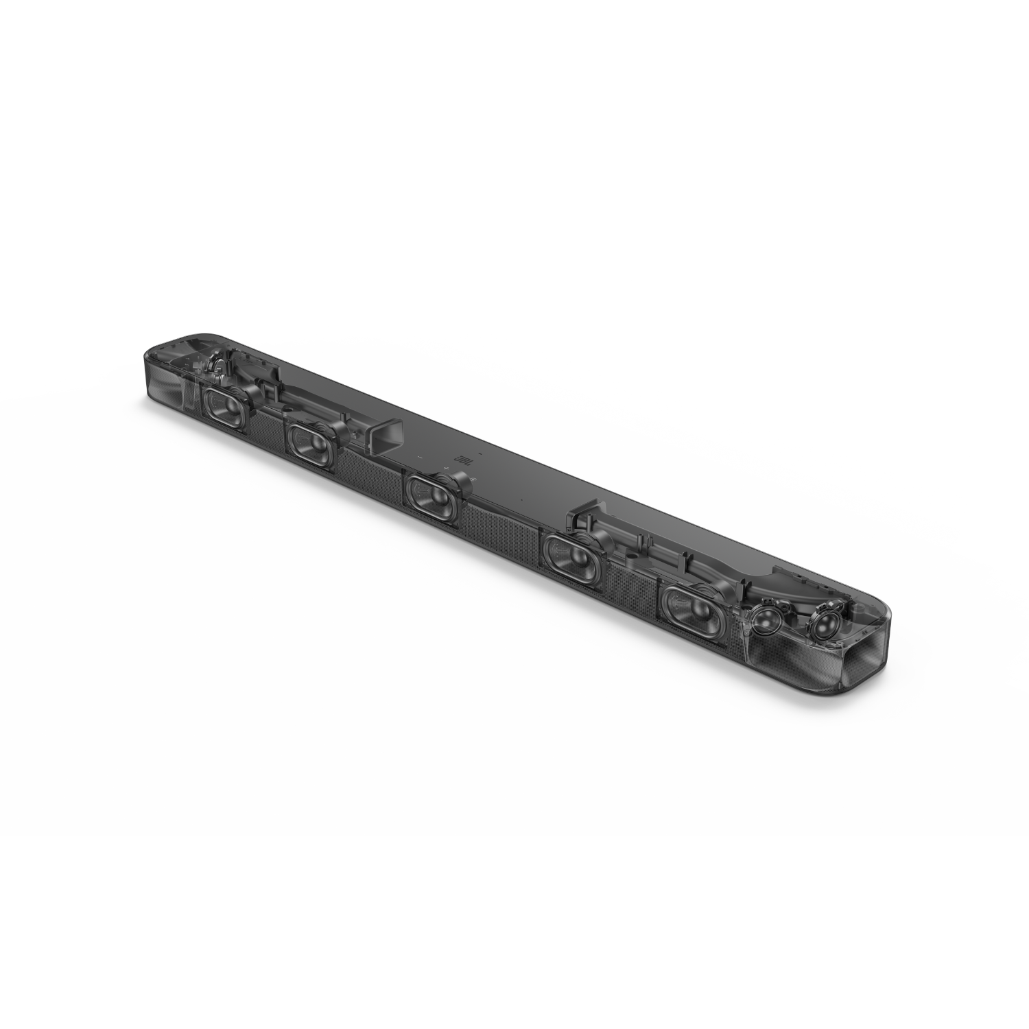 Altavoz de barra de sonido negro, cubierta transparente muestra altavoces y componentes internos.