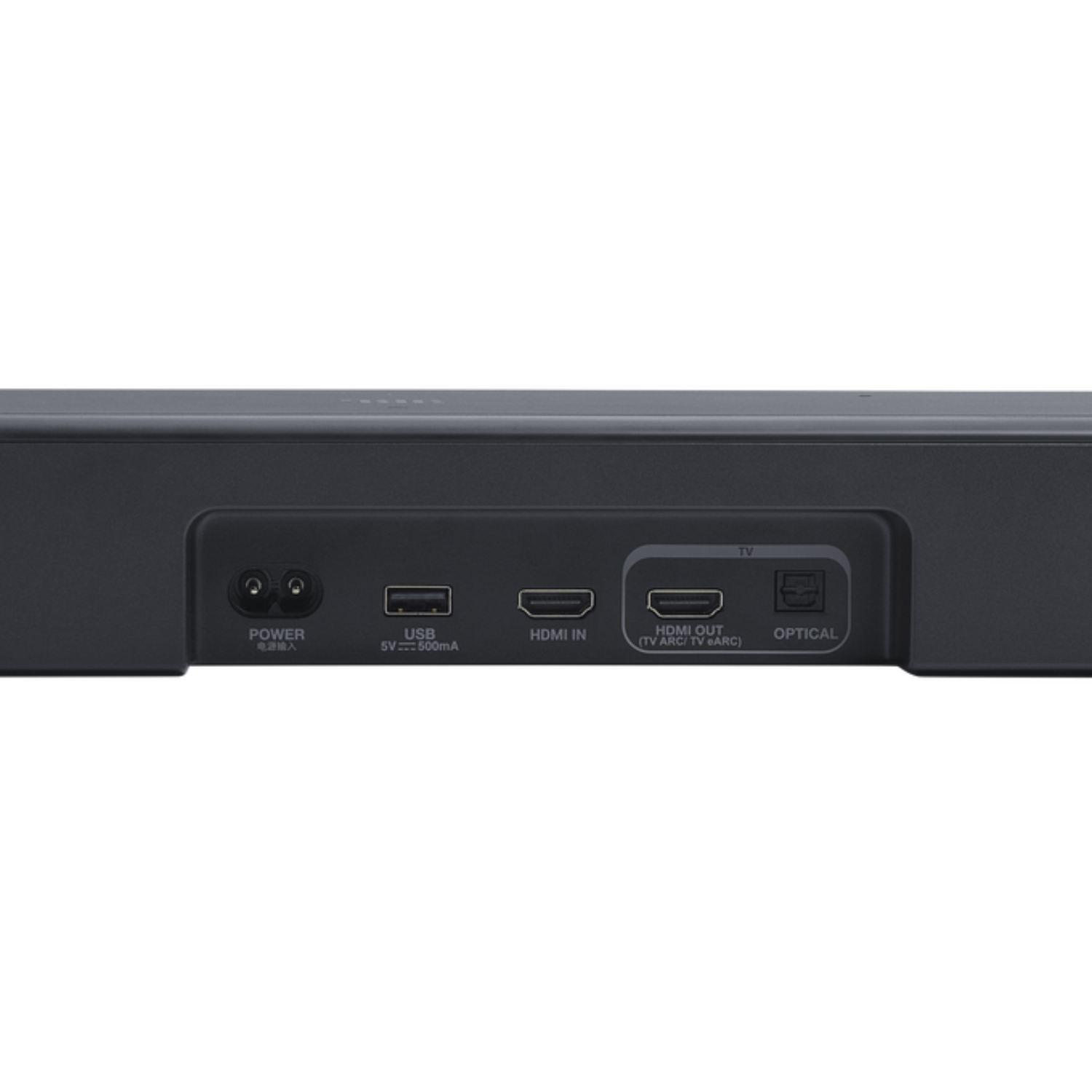 Puertos de la barra de sonido: Alimentación, USB, HDMI IN, HDMI OUT (TV ARC/TV ARC), OPTICAL.