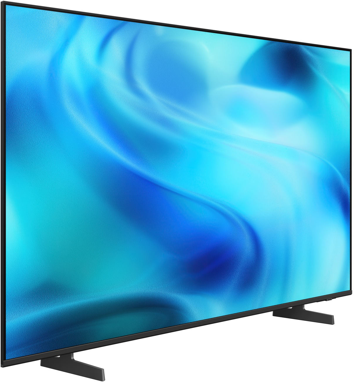 Egy modern fekete televízió állványon kék és fehér absztrakt hullámos mintát jelenít meg.
