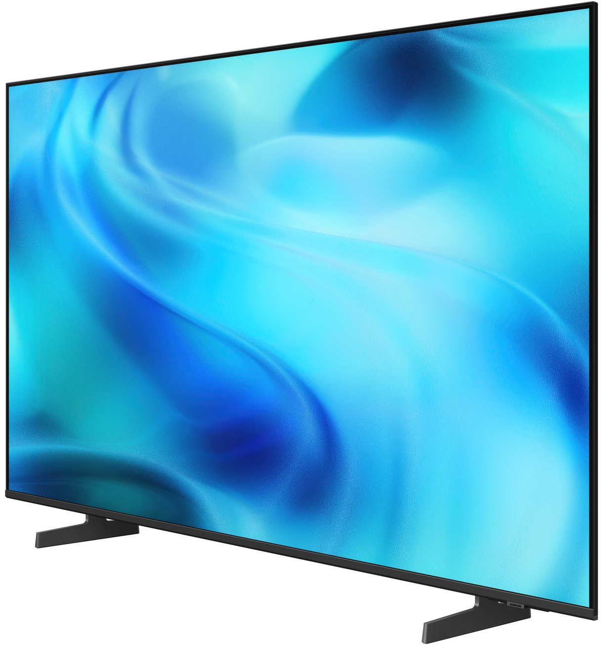 Egy modern, fekete keretes síkképernyős TV élénk kék absztrakt képet jelenít meg.