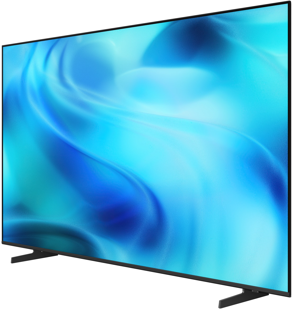 Egy modern, síkképernyős TV, képernyőjén kék, áramló mintával.