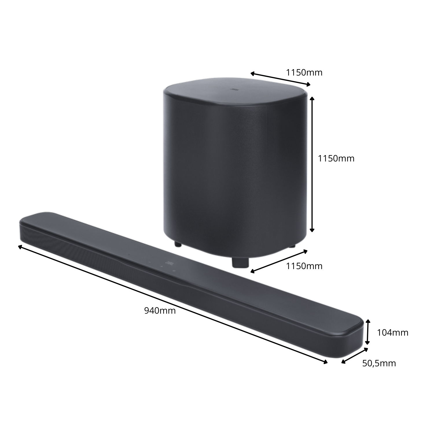 Barra de sonido negra (940mm) y subwoofer (1150mm) con dimensiones.