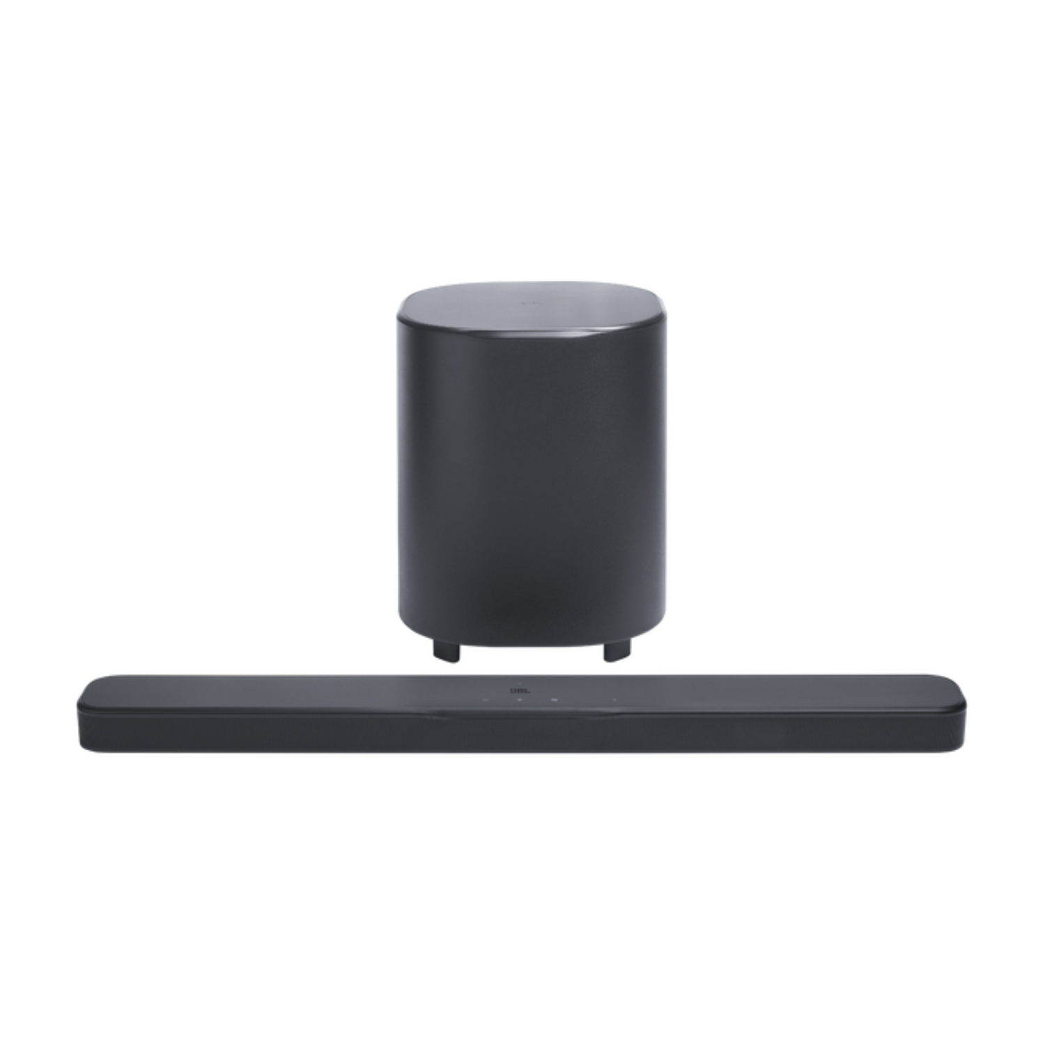 Una barra de sonido negra y un subwoofer cilíndrico están uno al lado del otro.
