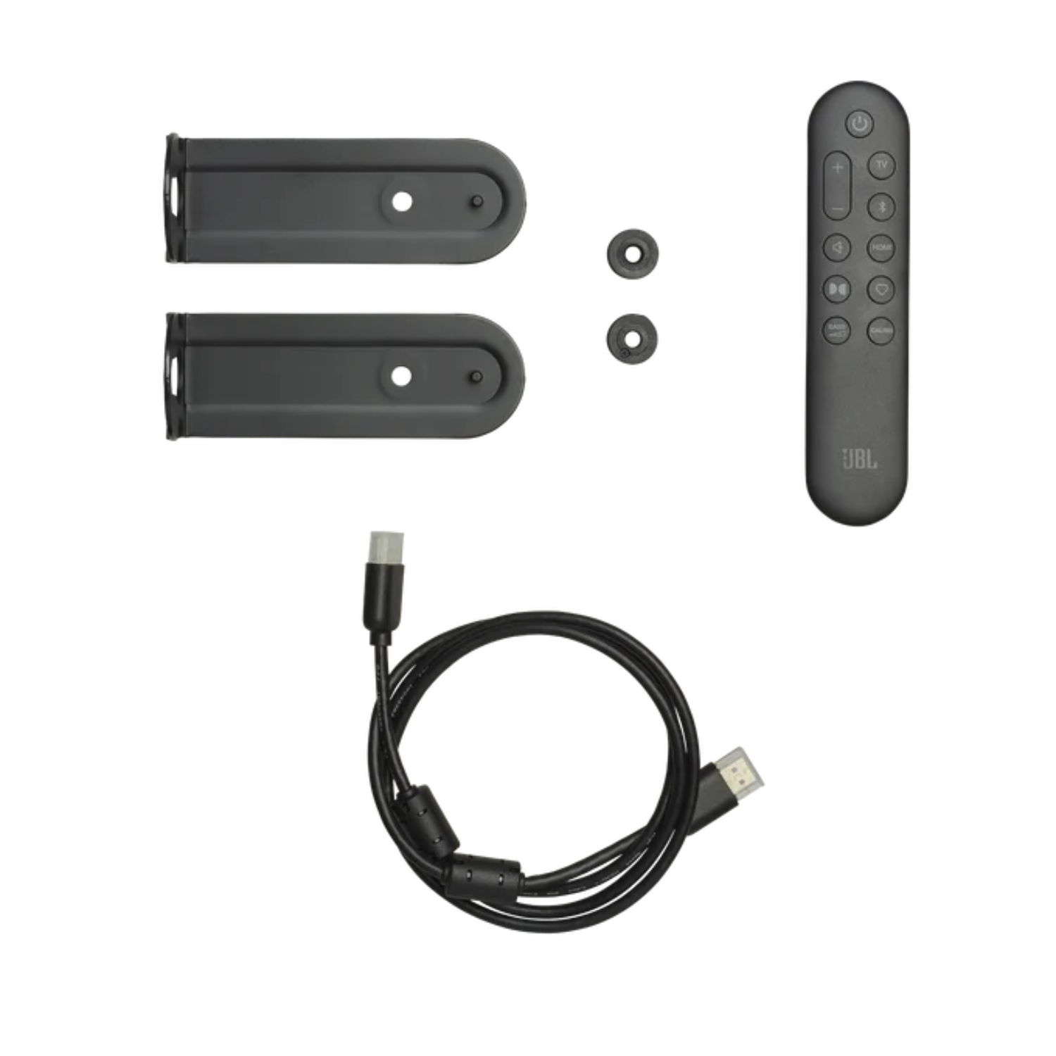 Mando a distancia JBL, soportes, dos juntas de goma y un cable HDMI.
