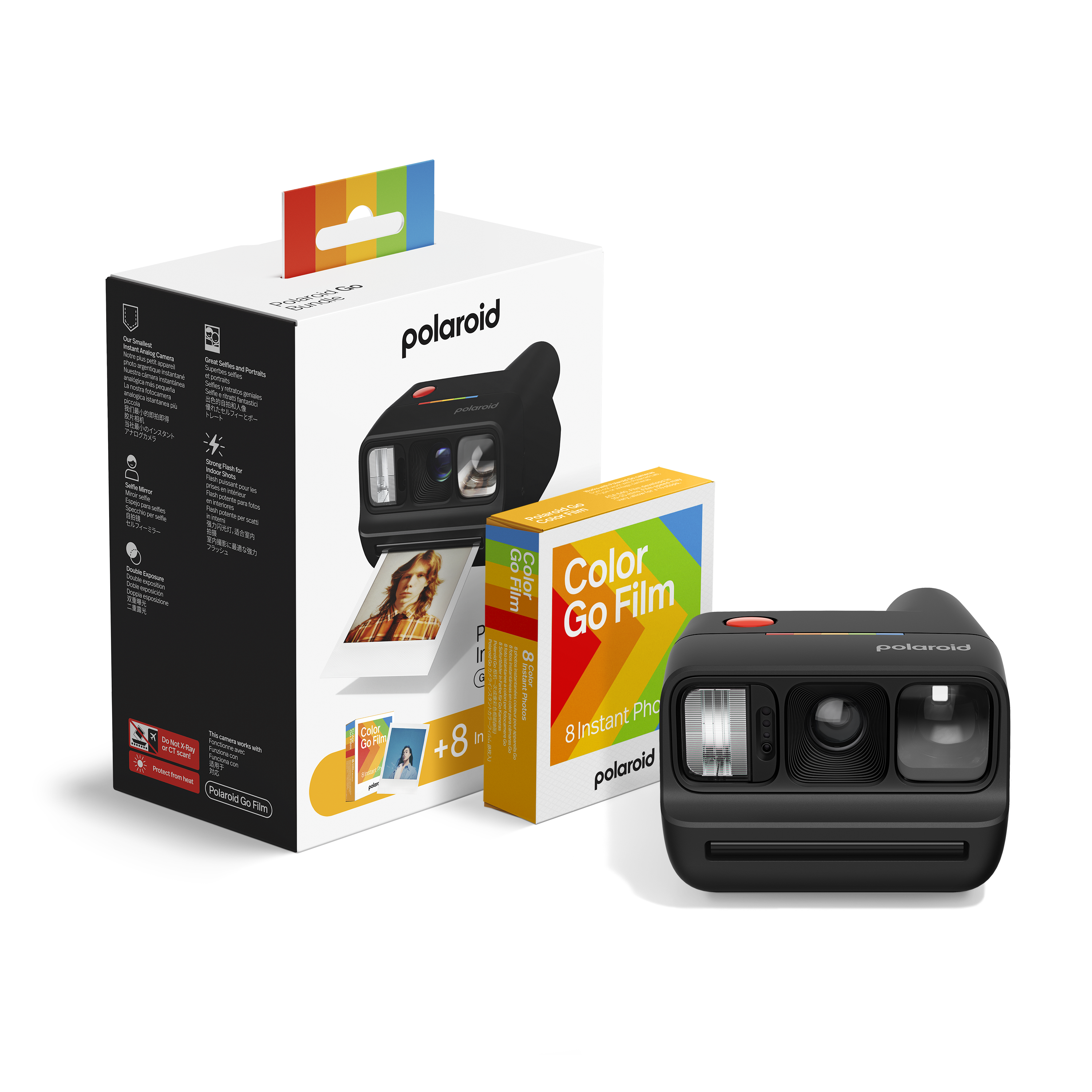 Polaroid Go Kamera, Filmpackung und Karton. Schwarze Kamera mit Regenbogen-Akzent. Karton zeigt Kamera und Film.