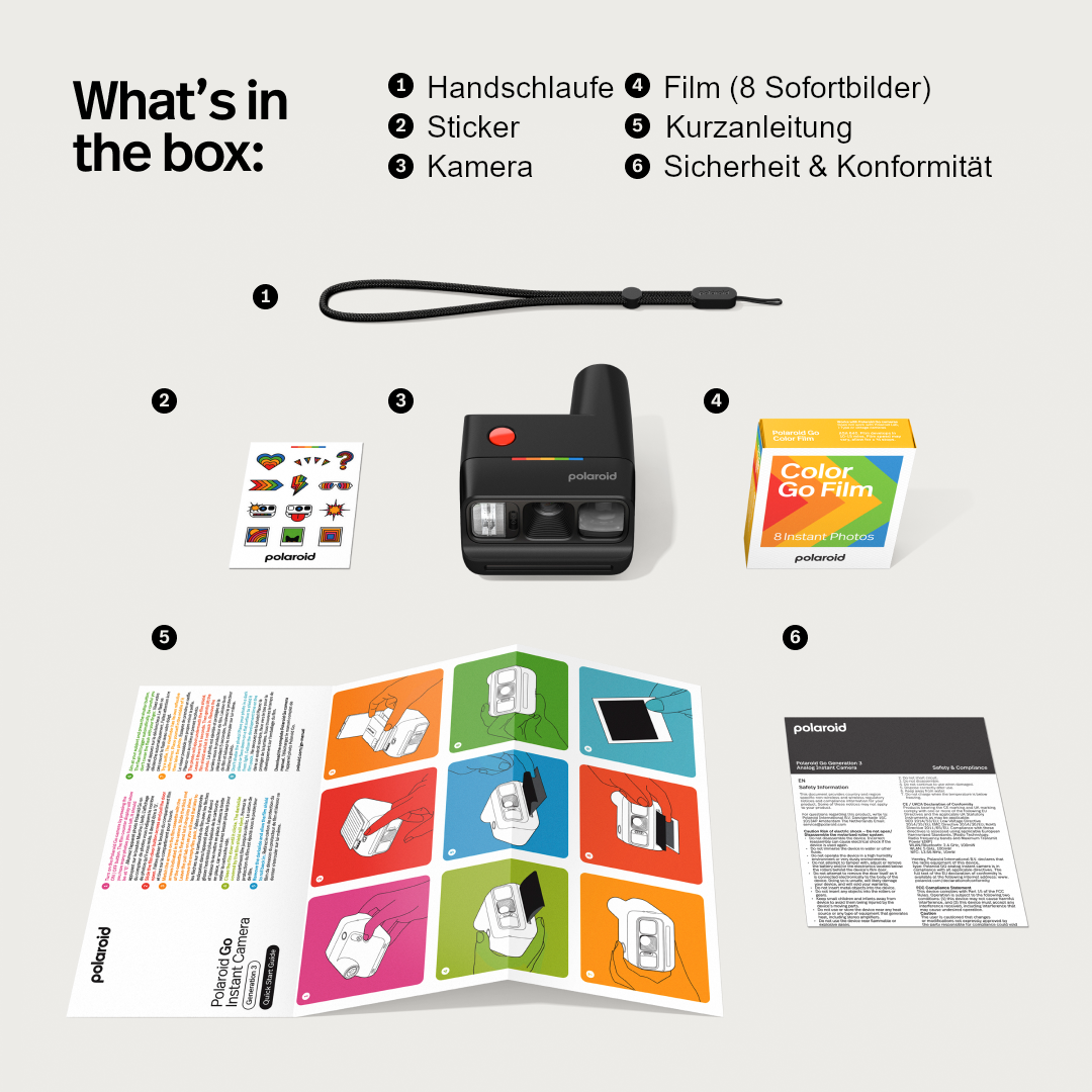 Inhalt der Box: Handschlaufe, Sticker, Kamera, Film, Anleitung, Sicherheitshinweise.