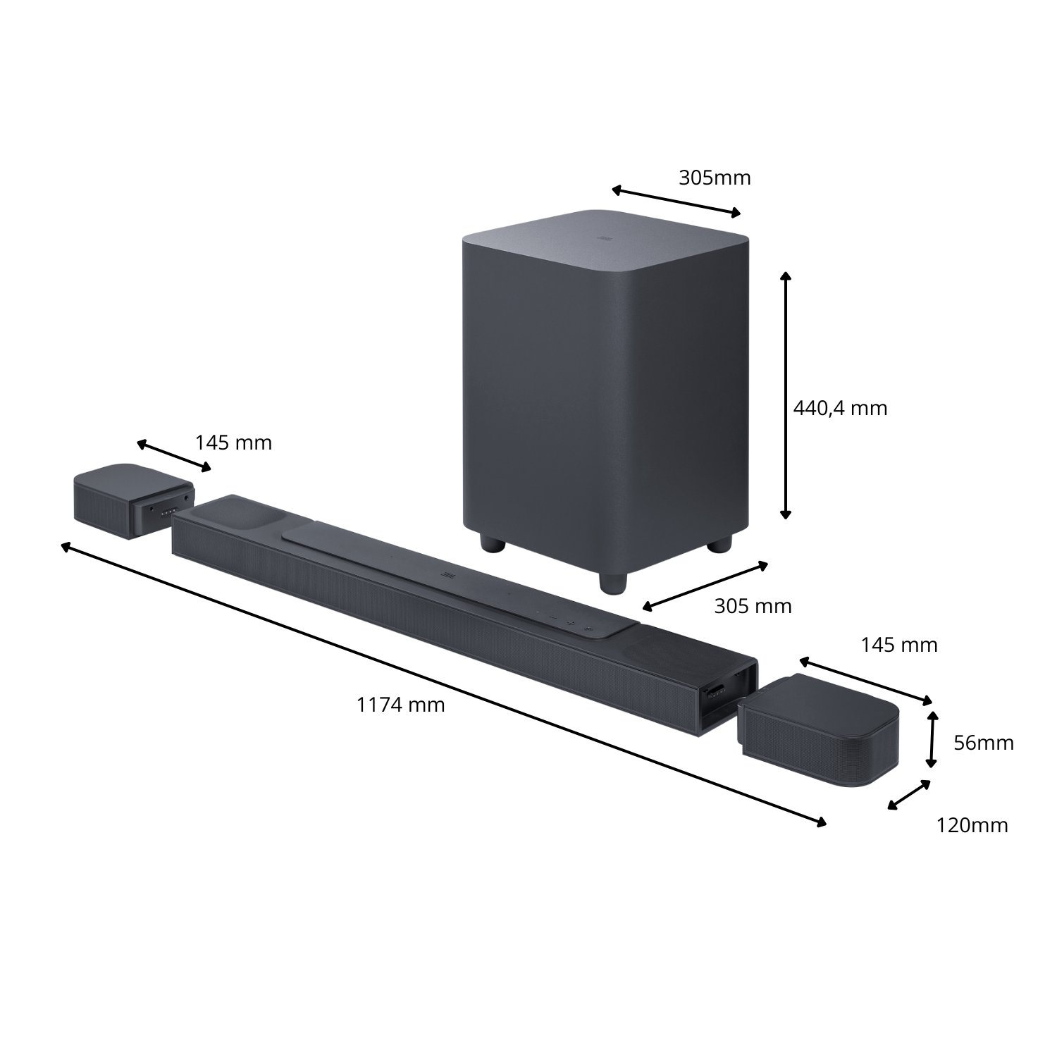 Un sistema de sonido gris con subwoofer, barra de sonido y dos altavoces.