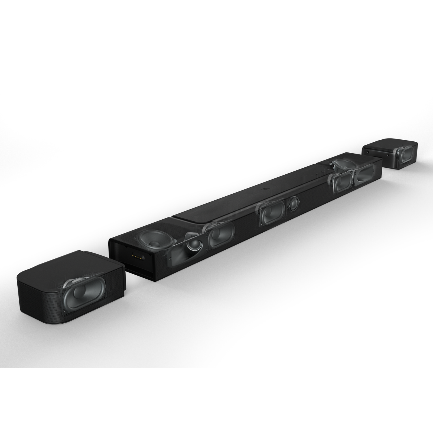 Barra de sonido negra con dos altavoces desmontables, sobre fondo blanco.