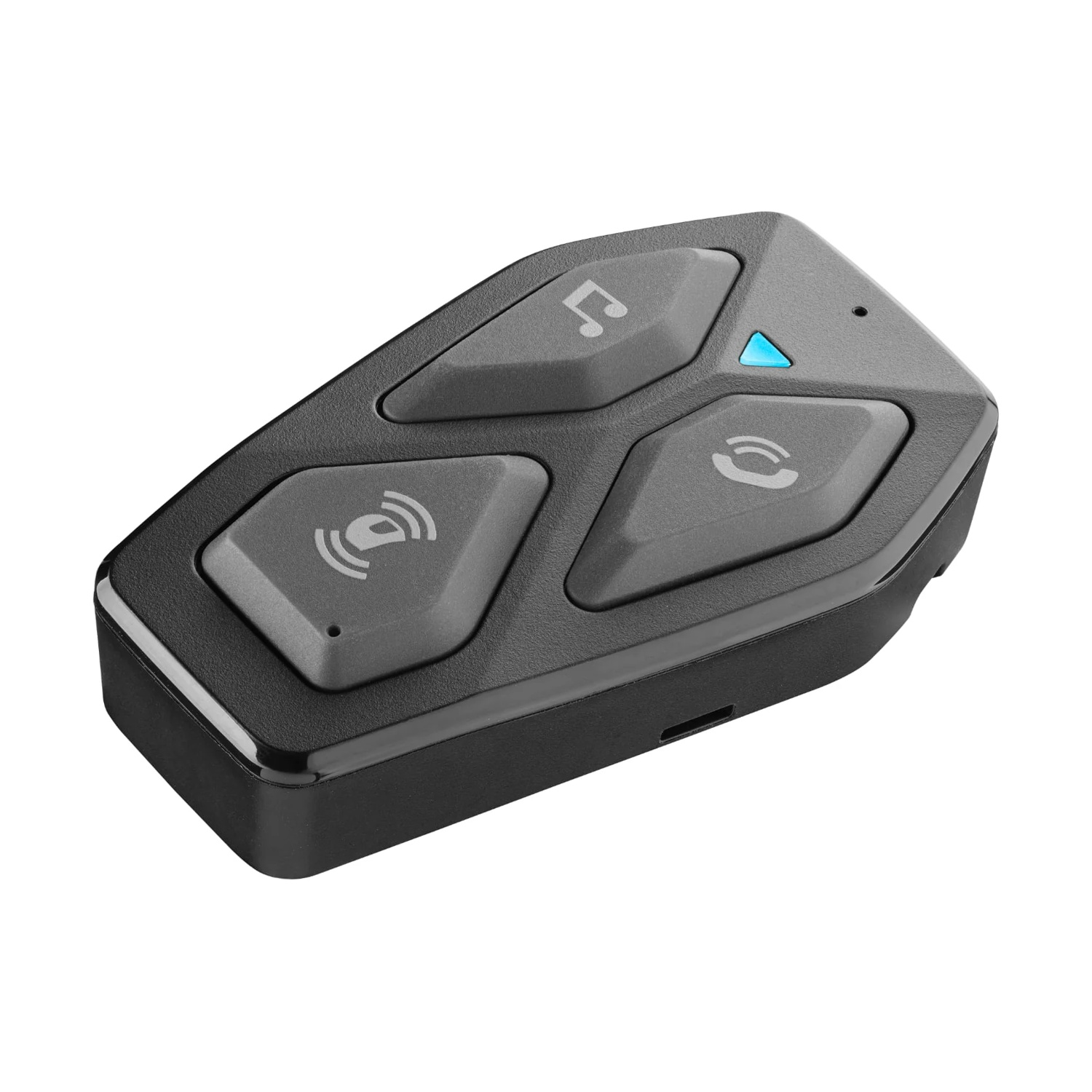 Un controller Bluetooth nero per casco con tre pulsanti grigi e un LED blu.