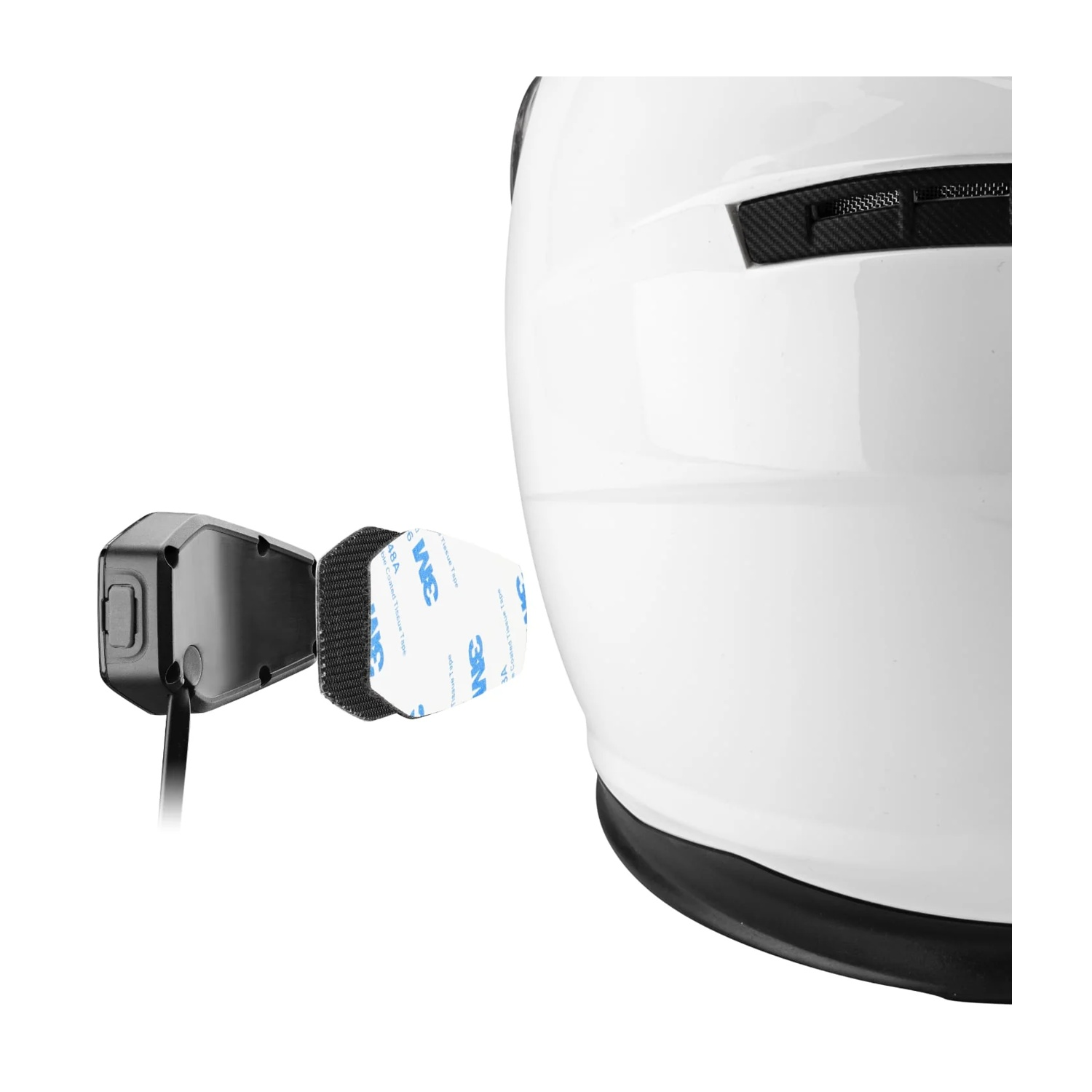 Un casco bianco con clip di montaggio nero e nastro adesivo 3M.