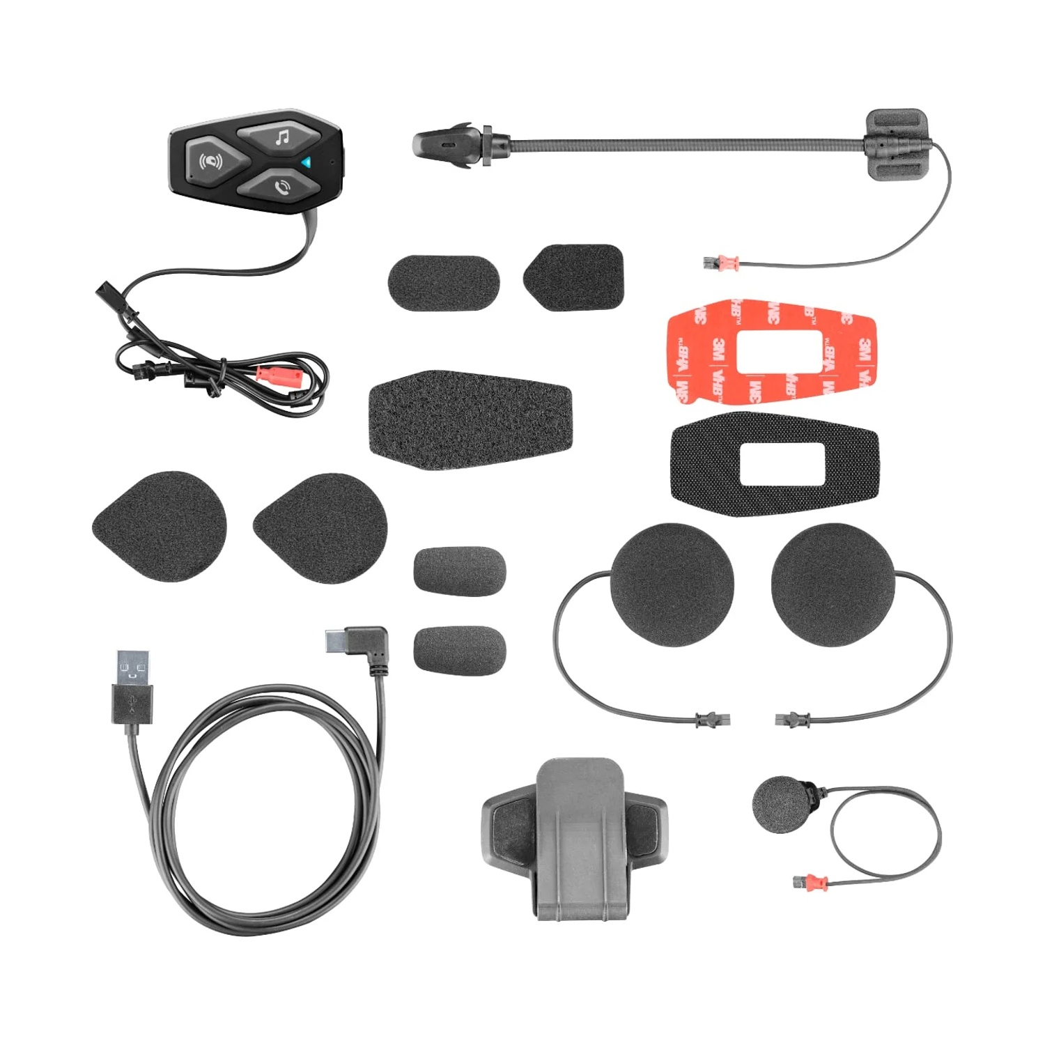 Accessori per la comunicazione del casco da moto: unità di controllo, cavi, microfoni, altoparlanti, clip.