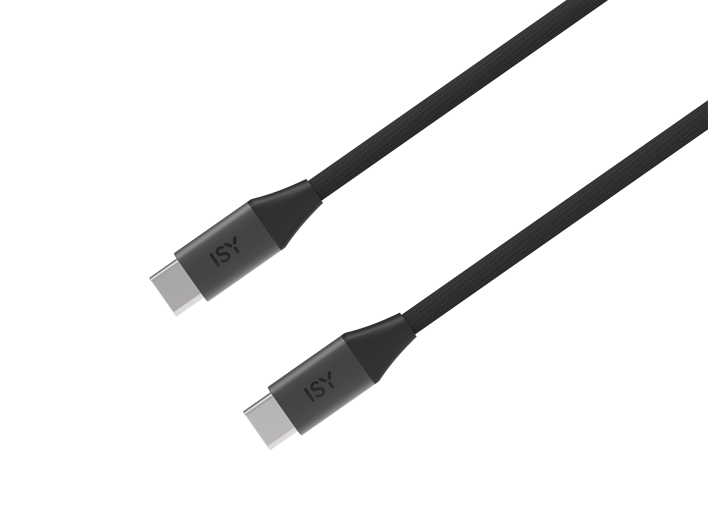 Zwei schwarze ISY USB-C Ladekabel mit Stoffummantelung liegen nebeneinander.
