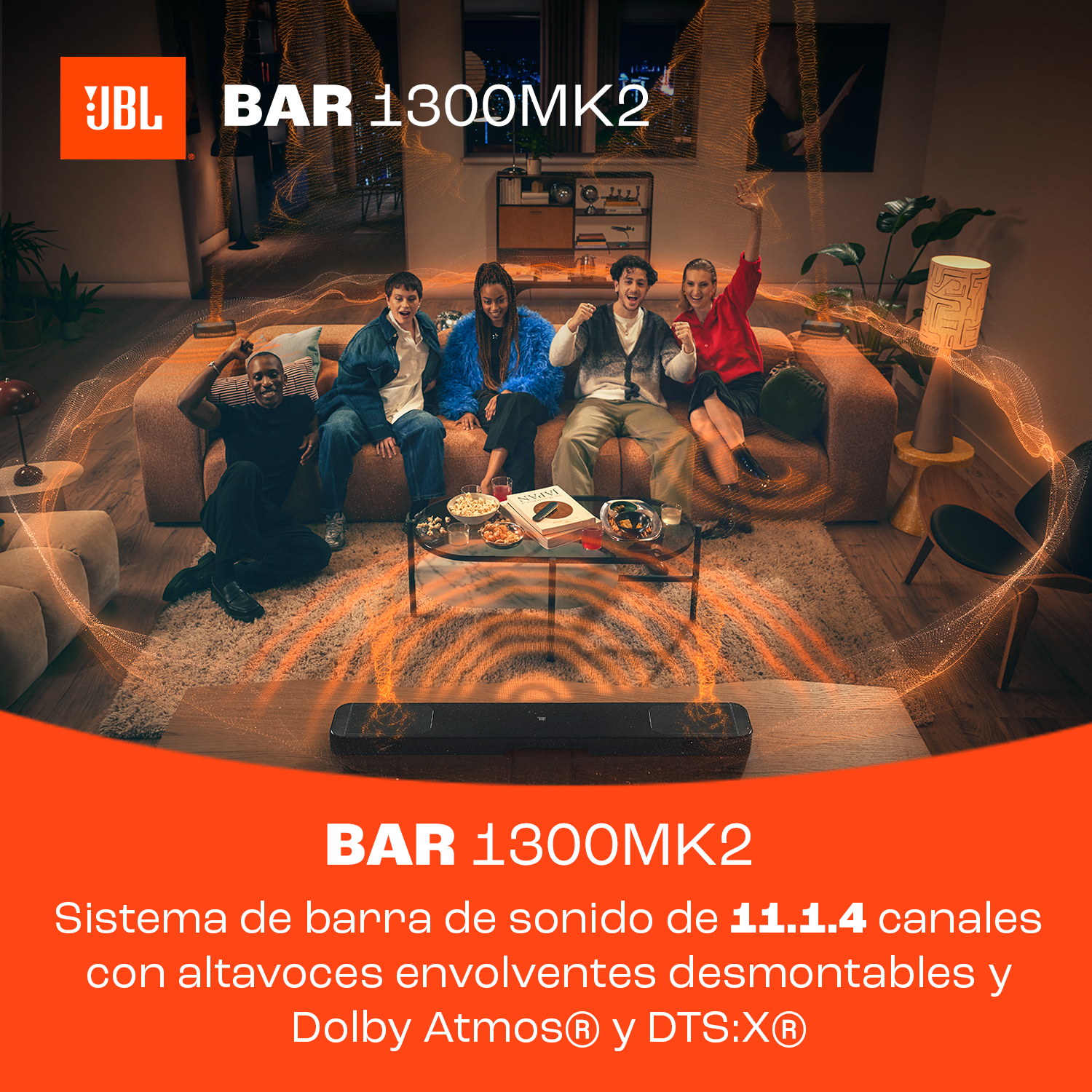 Sistema de barra de sonido de 11.1.4 canales con altavoces envolventes desmontables y dolby atmos y DTS:X