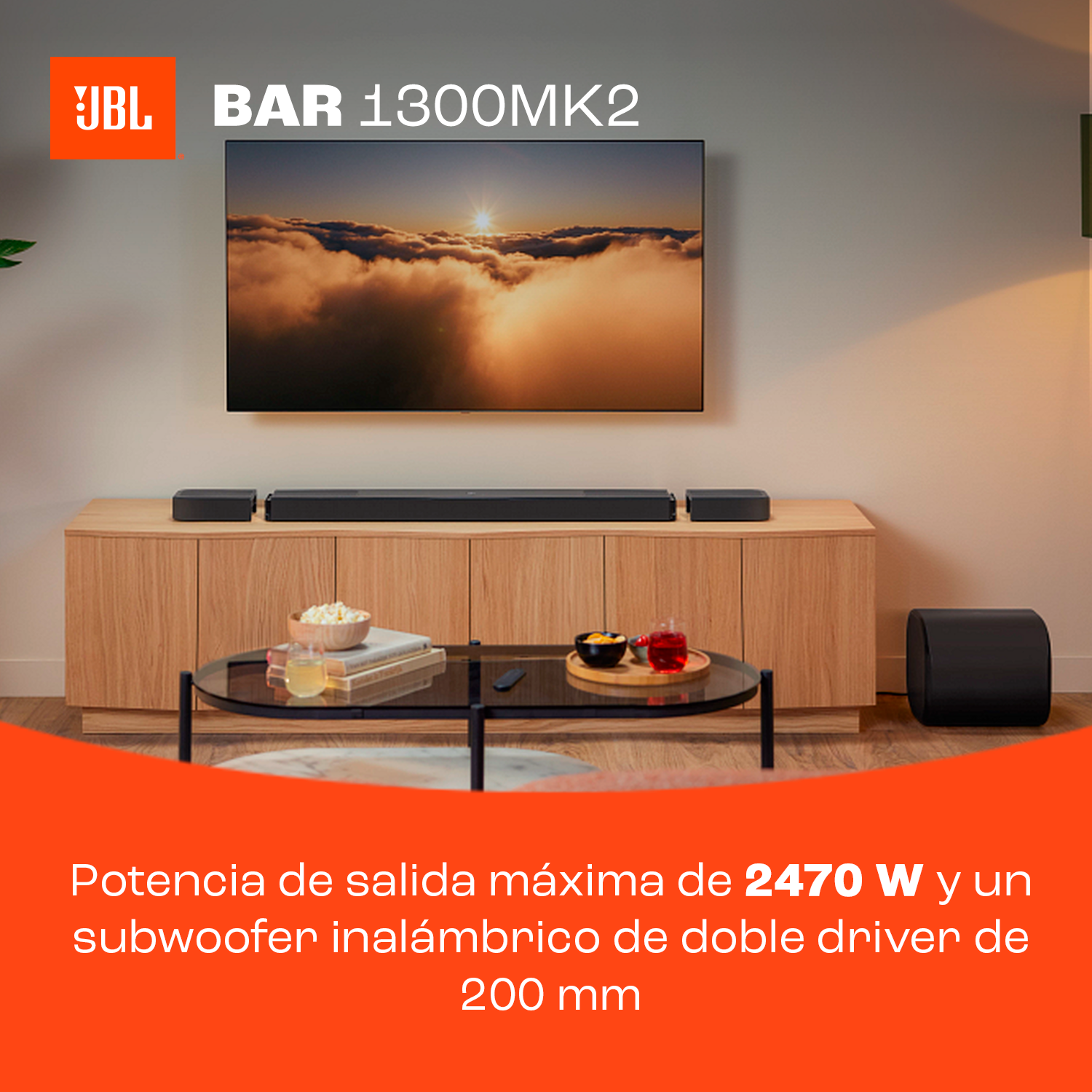 Potencia de salida máxima de 2470W y un subwoofer inalámbrico de doble driver de 200m